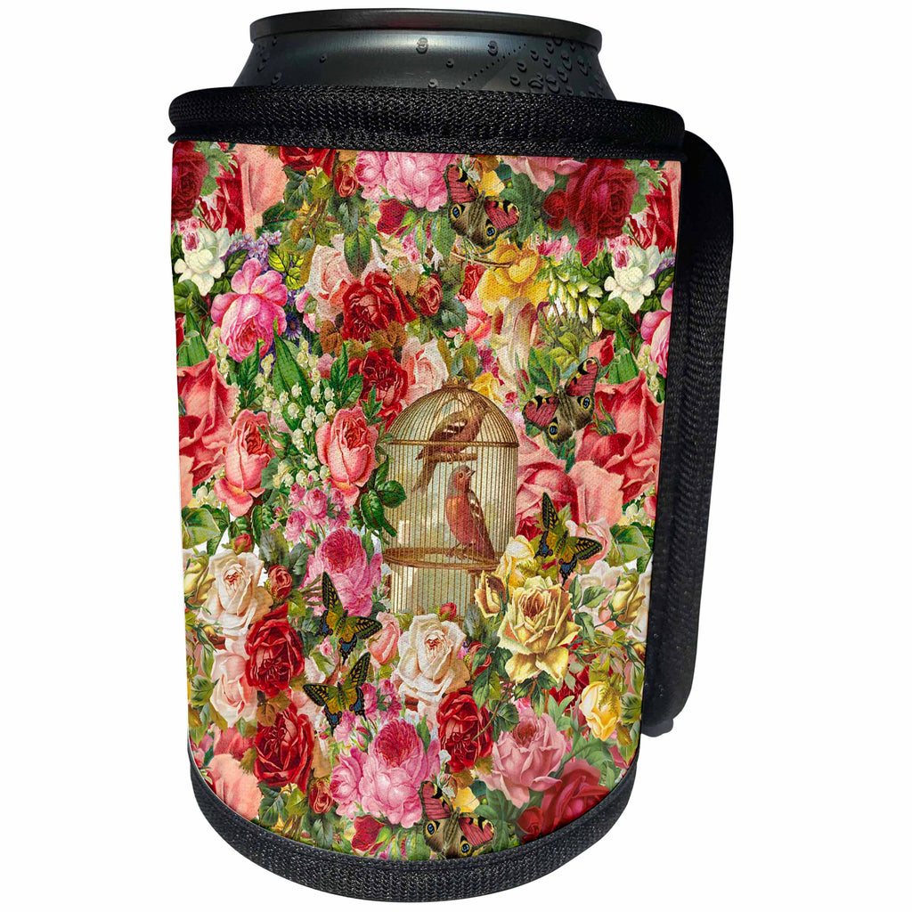 3dRose Andrea Haase Art Illustration - Vintage Flower Pattern With Bird Cage - Can Cooler Bottle Wrap (cc_268477)