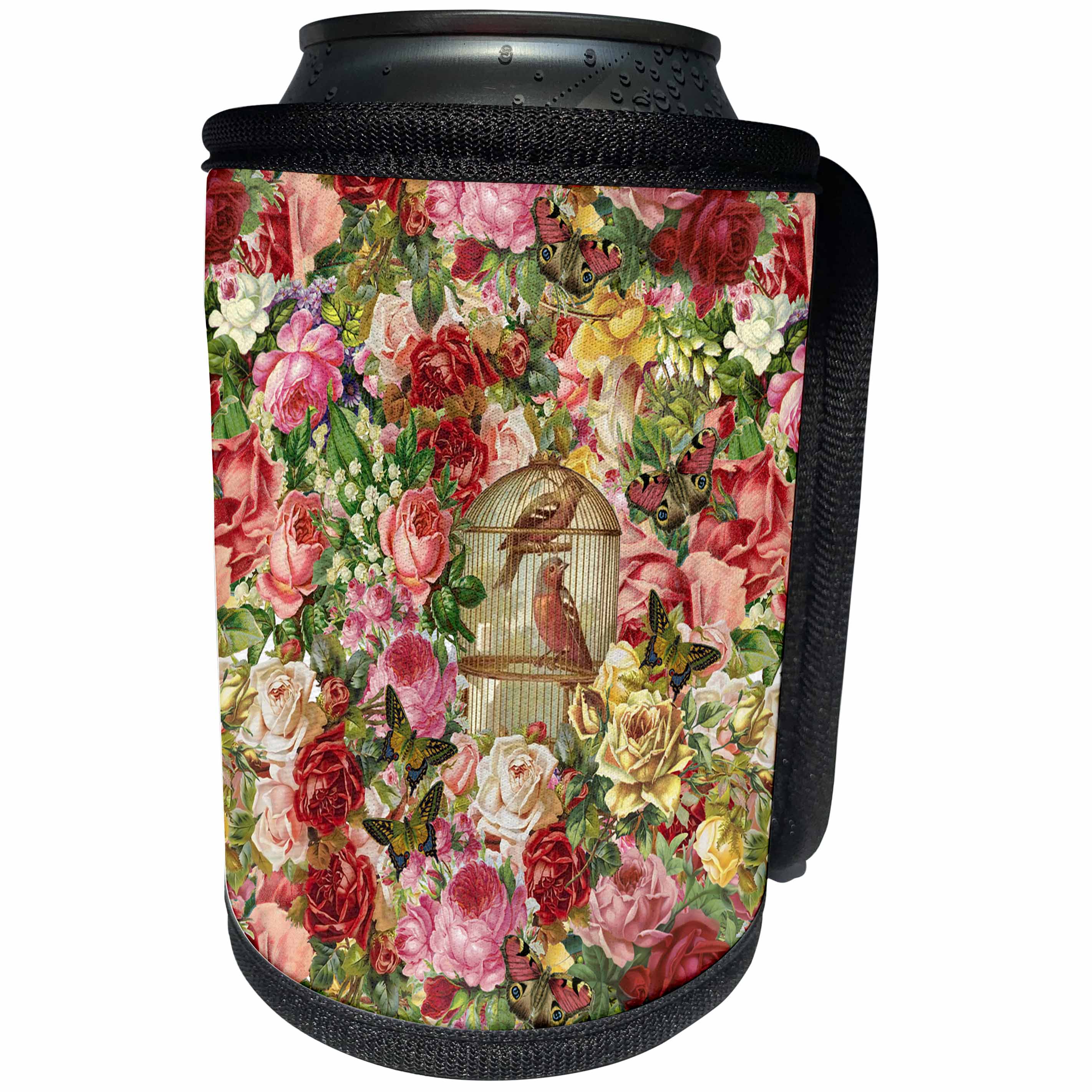3dRose Andrea Haase Art Illustration - Vintage Flower Pattern With Bird Cage - Can Cooler Bottle Wrap (cc_268477)