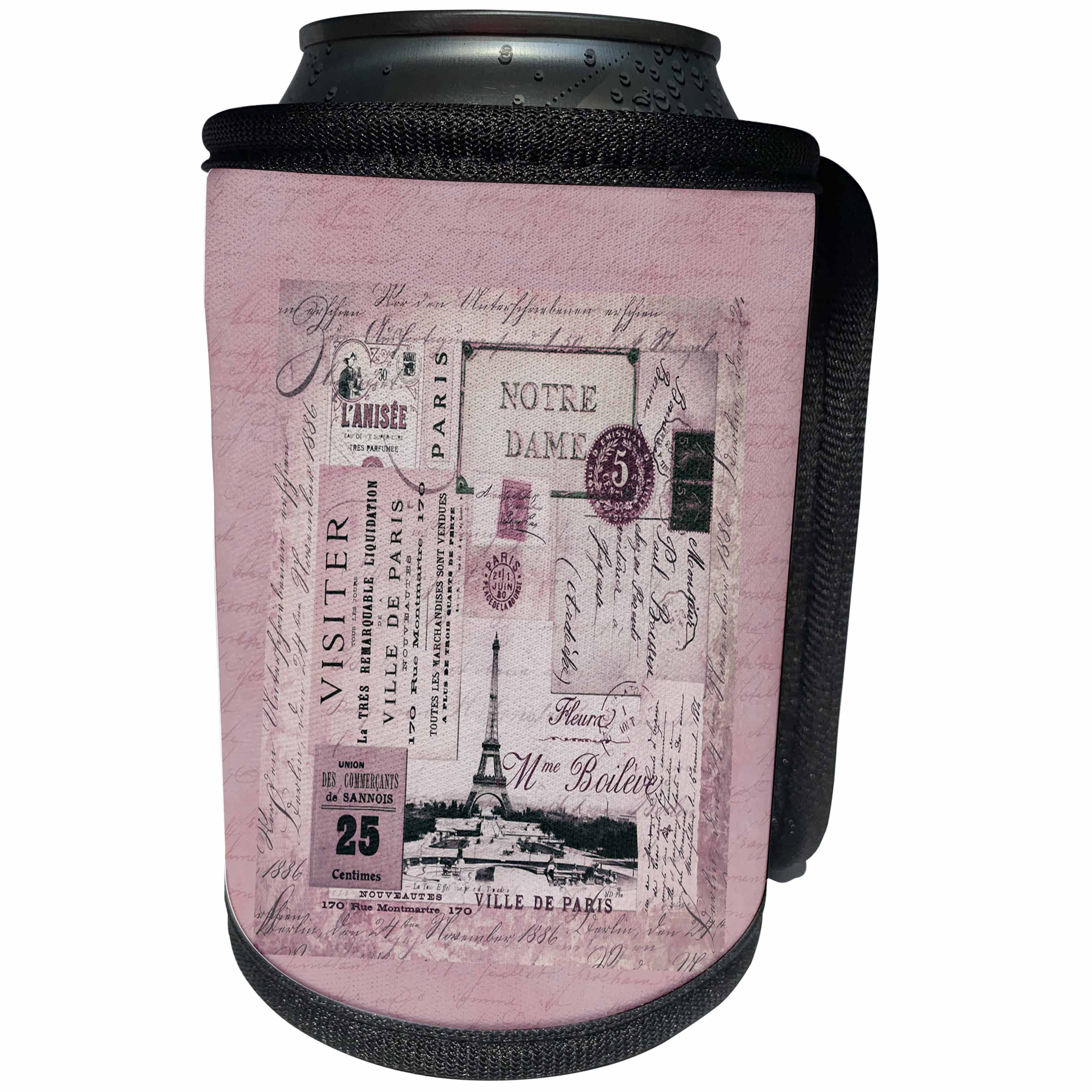3dRose Andrea Haase Art Illustration - Pink Paris Collage Illustration - Can Cooler Bottle Wrap (cc_268487)
