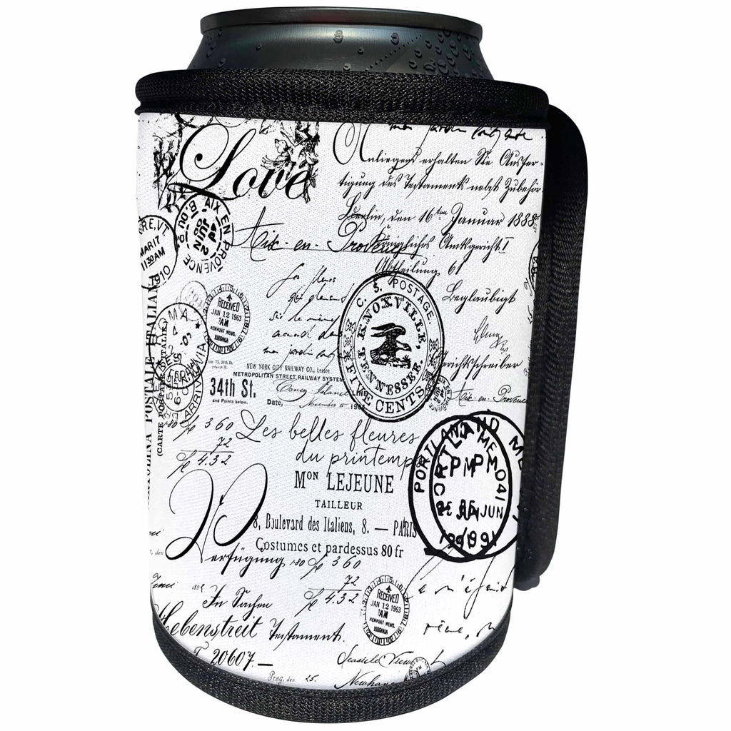 3dRose Andrea Haase Graphic Art - Black and White Vintage Handwriting - Can Cooler Bottle Wrap (cc_268513)