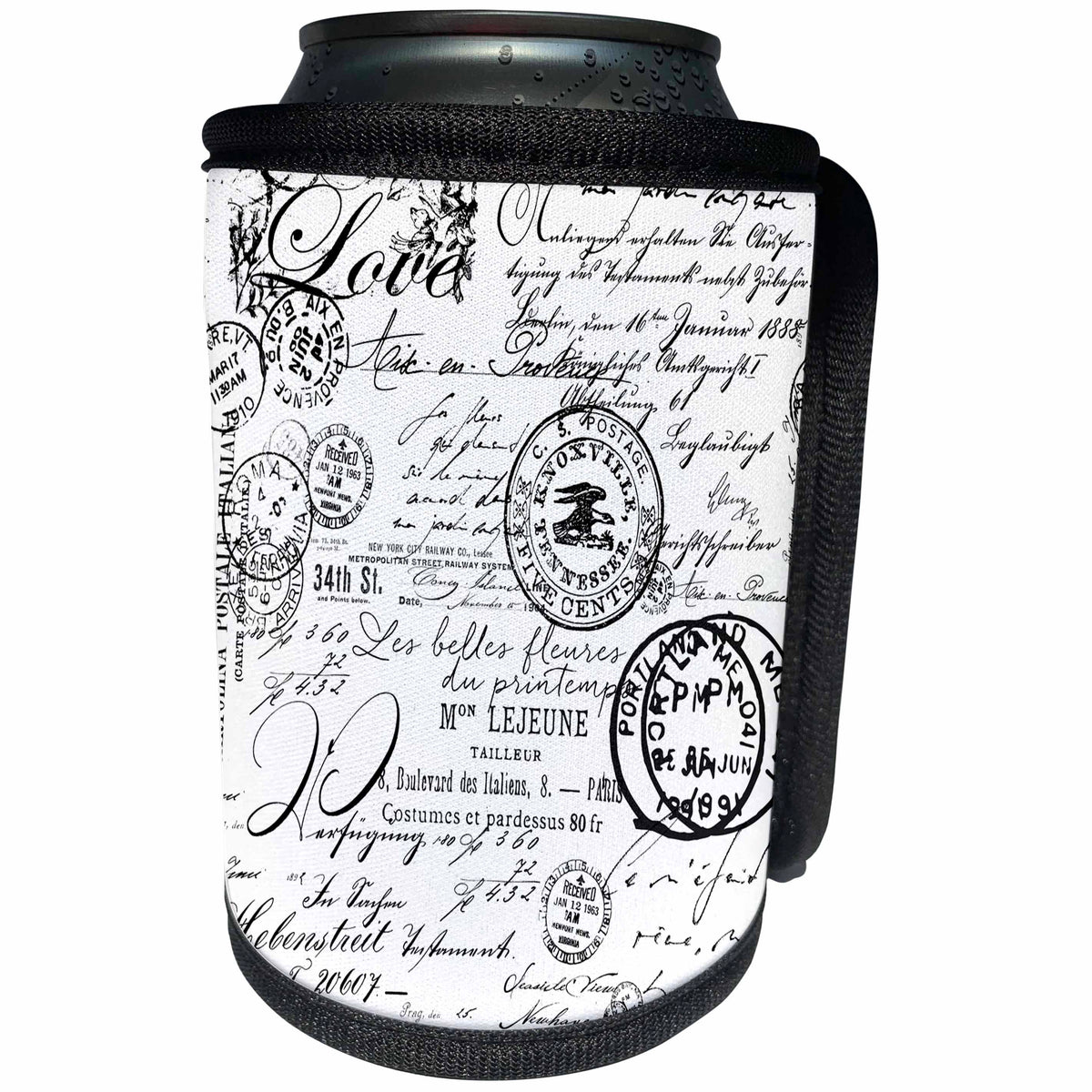 3dRose Andrea Haase Graphic Art - Black and White Vintage Handwriting - Can Cooler Bottle Wrap (cc_268513)