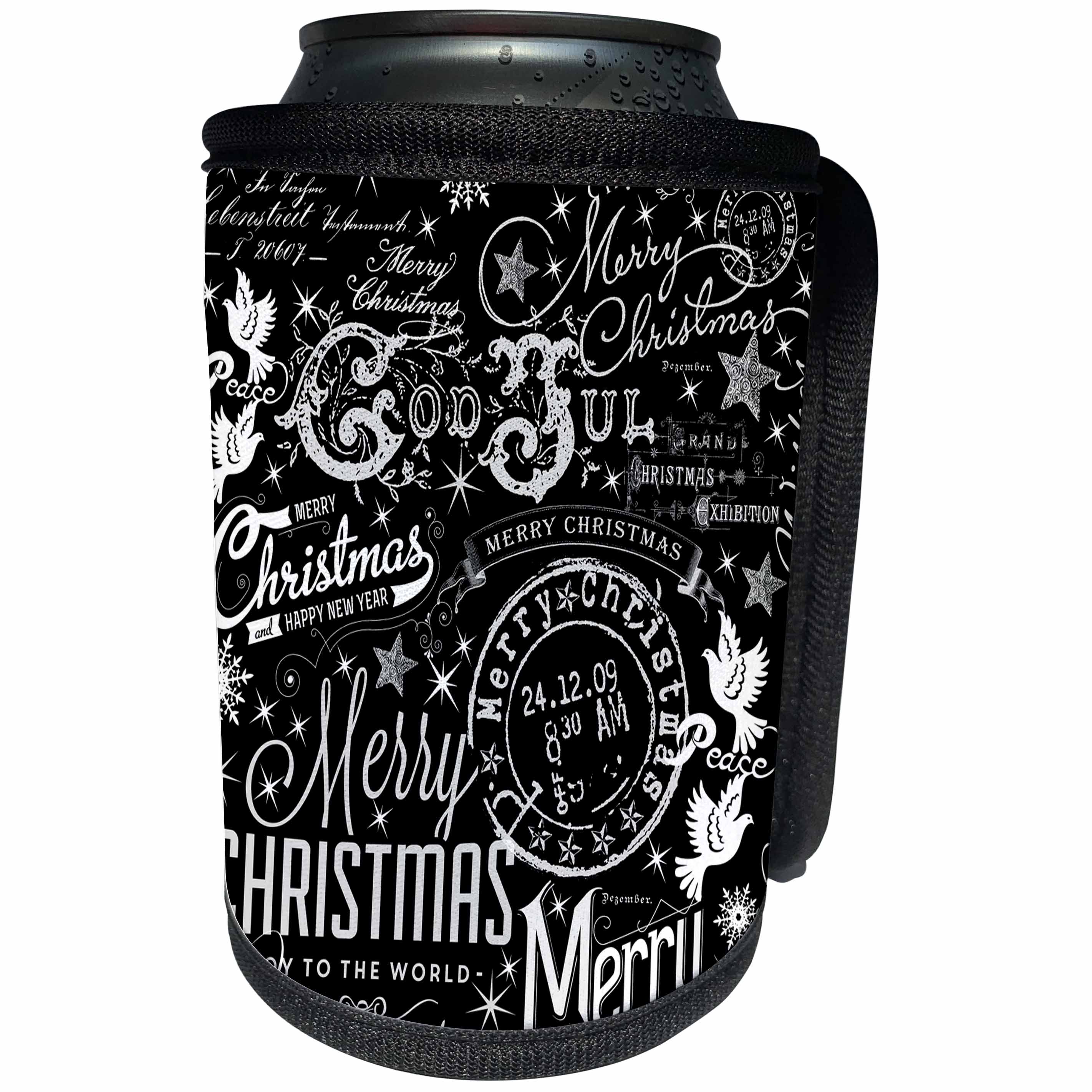 3dRose Andrea Haase Graphic Art - Black and White Christmas Typography - Can Cooler Bottle Wrap (cc_268515)