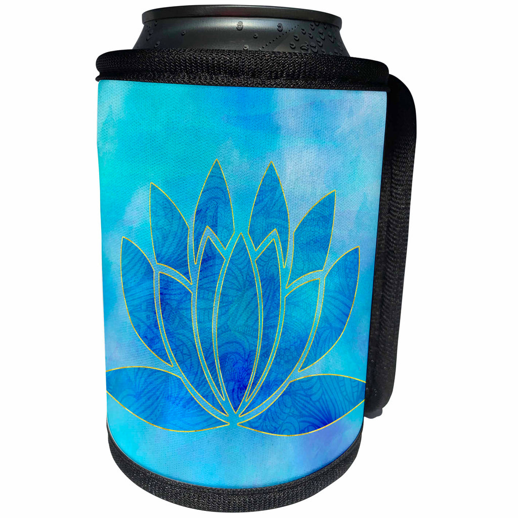3dRose Andrea Haase Art Illustration - Watercolor Illustration Of Lotus flower Symbol In Blue - Can Cooler Bottle Wrap (cc_268519)