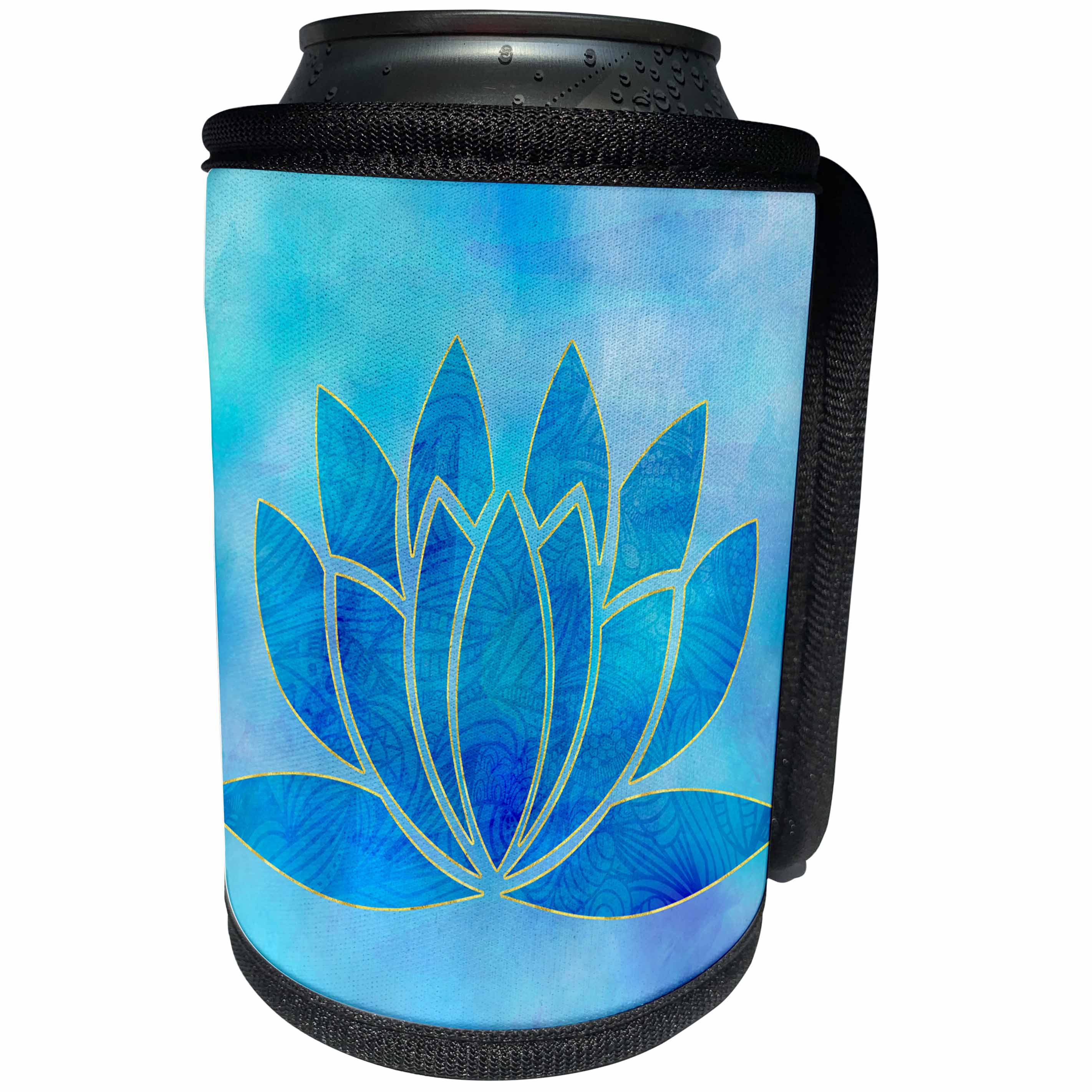 3dRose Andrea Haase Art Illustration - Watercolor Illustration Of Lotus flower Symbol In Blue - Can Cooler Bottle Wrap (cc_268519)