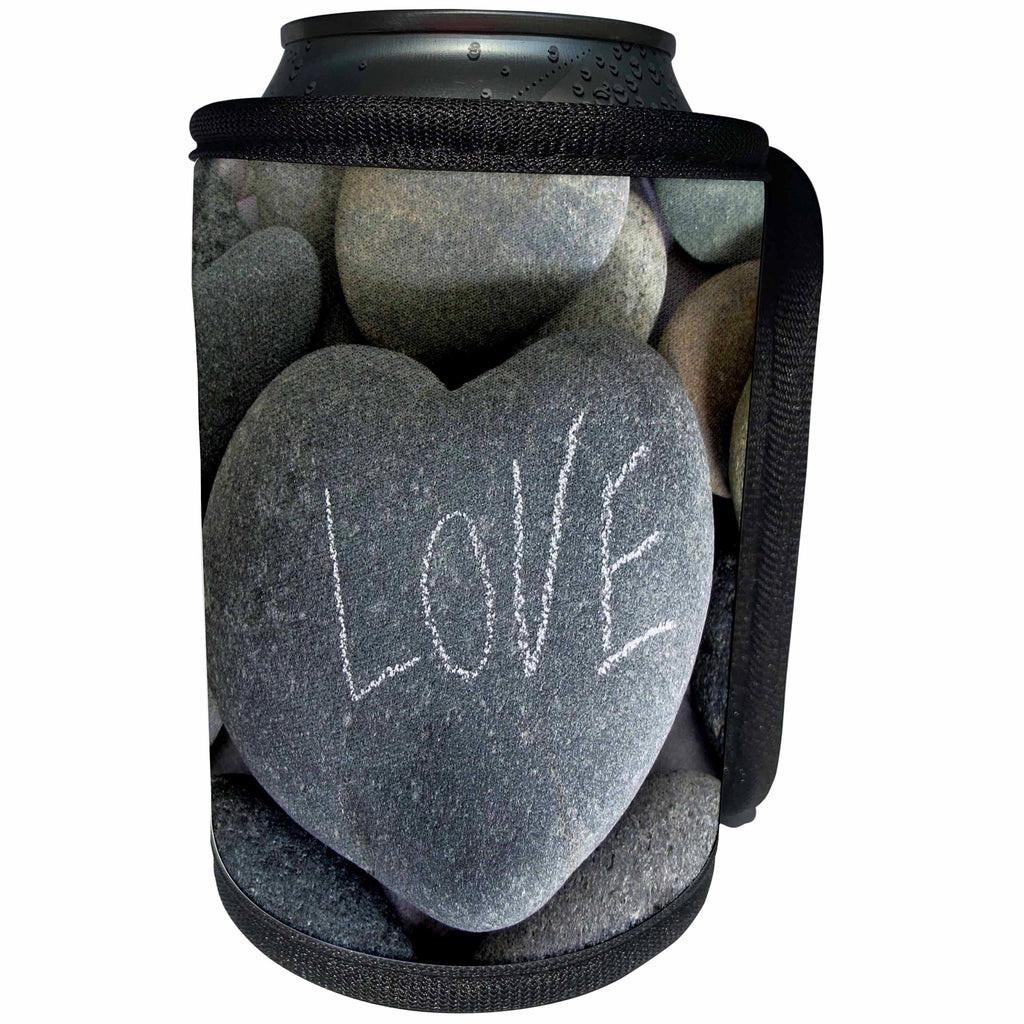 3dRose Andrea Haase Still Life Photography - Grey Heart Shaped Pebble With Handwritten Word Love On It - Can Cooler Bottle Wrap (cc_268537)