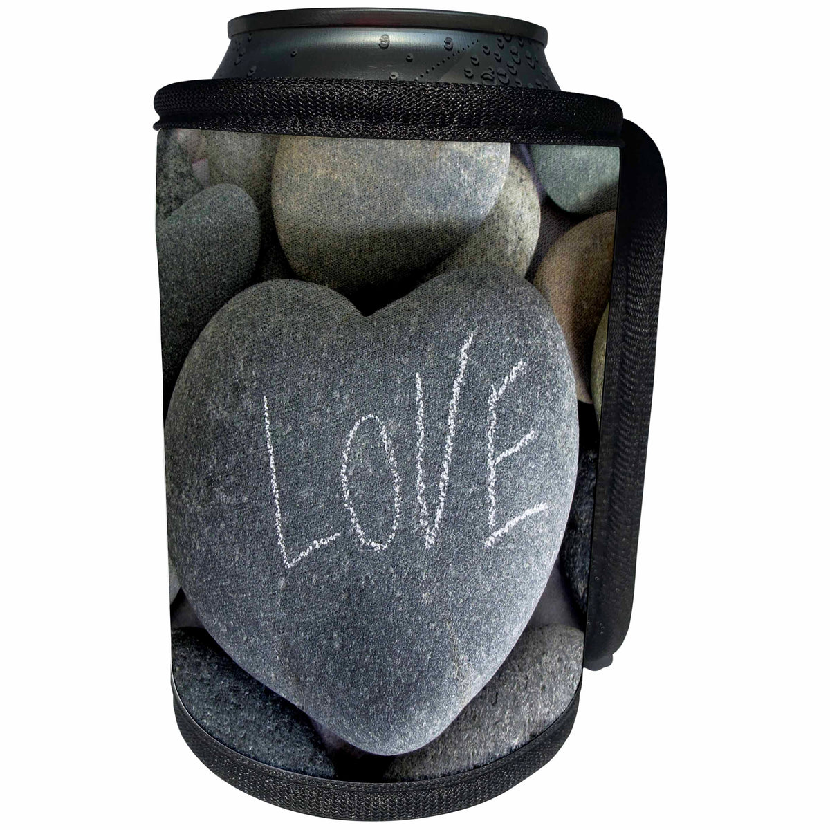 3dRose Andrea Haase Still Life Photography - Grey Heart Shaped Pebble With Handwritten Word Love On It - Can Cooler Bottle Wrap (cc_268537)