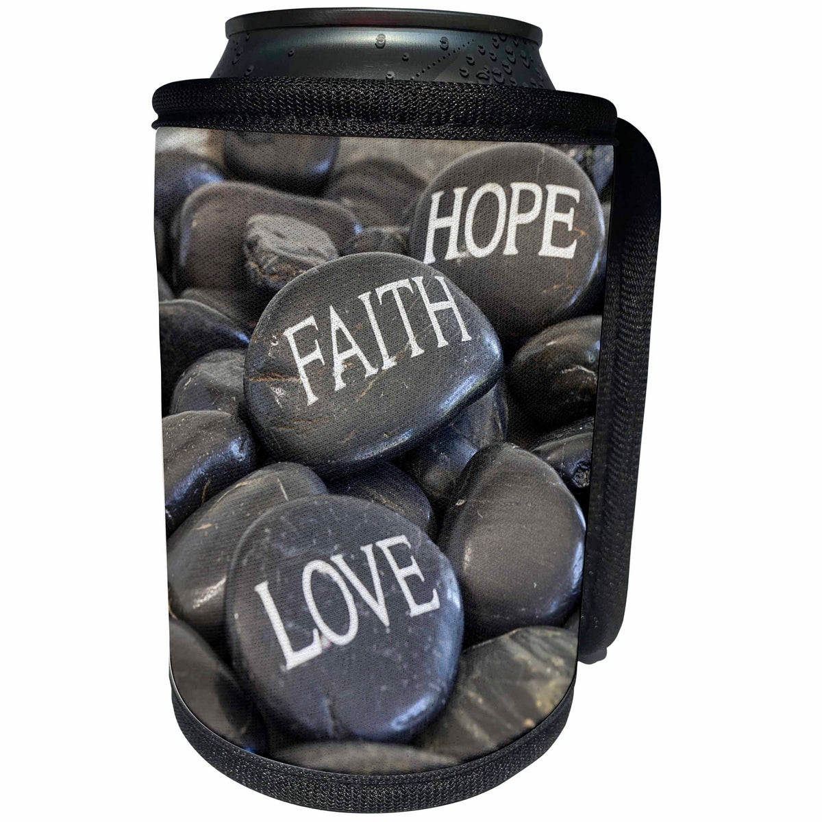 3dRose Andrea Haase Still Life Photography - Black Pebble With Engraved Words Love Faith Hope - Can Cooler Bottle Wrap (cc_268540)