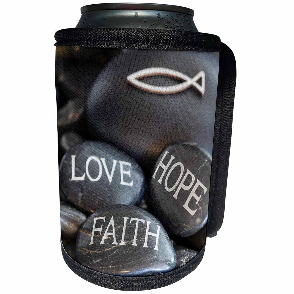 3dRose Andrea Haase Still Life Photography - Black Pebble Engraved, Love Faith Hope - Can Cooler Bottle Wrap (cc_268541)