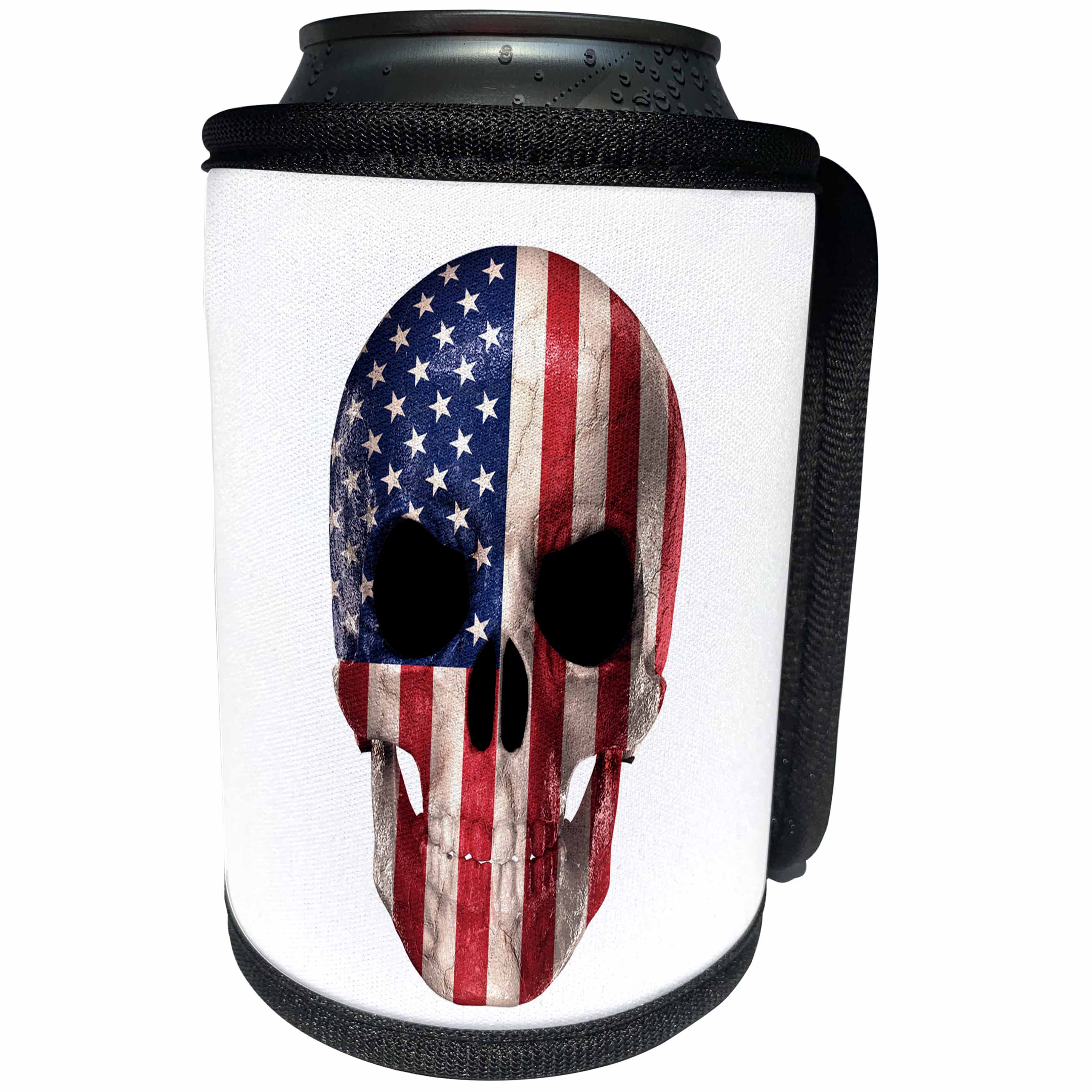3dRose Carsten Reisinger - Illustrations - Patriotic Skull with American Flag Imprinted - Can Cooler Bottle Wrap (cc_268565)