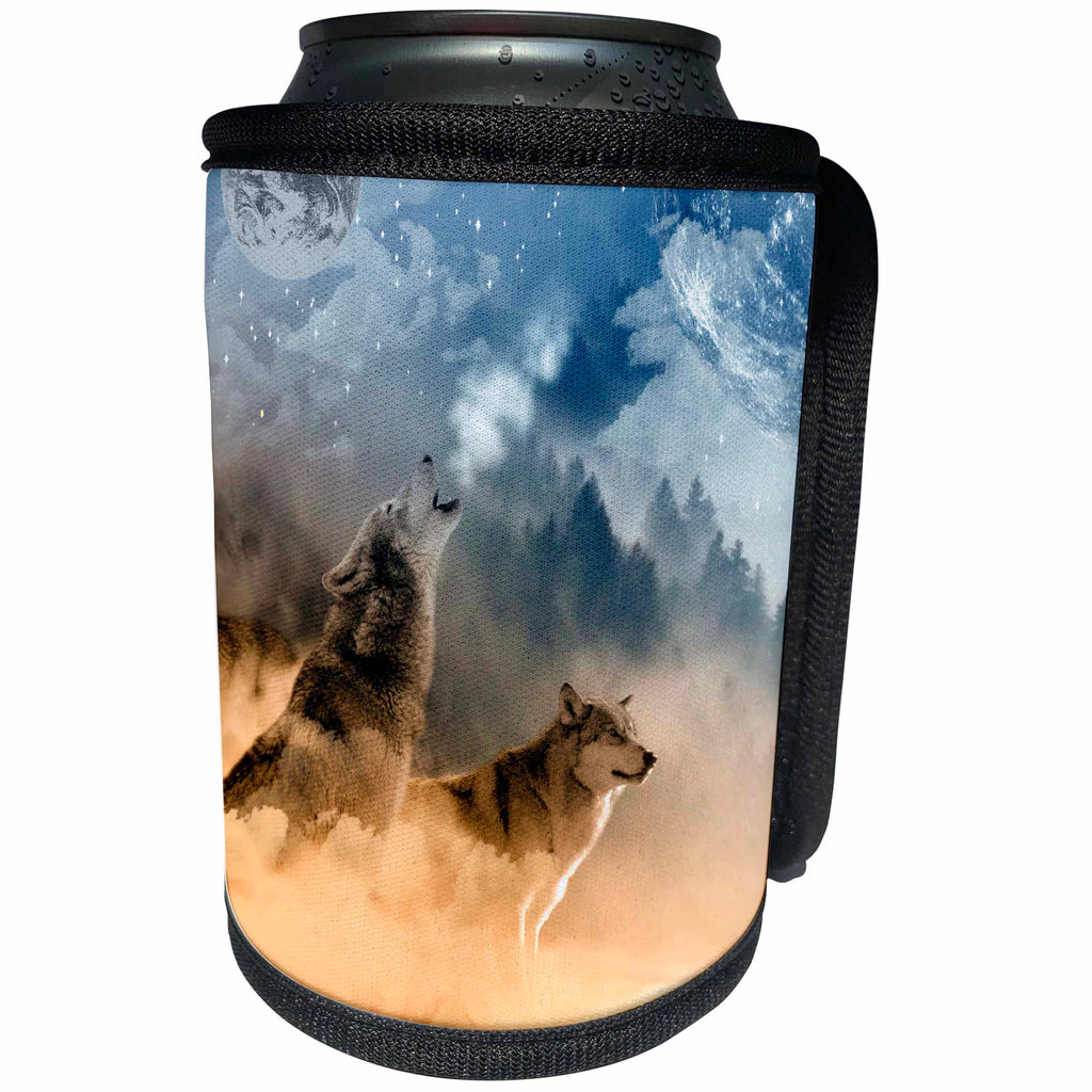3dRose Wolves - Two Wolves Howling In The Night - Can Cooler Bottle Wrap (cc_268572)