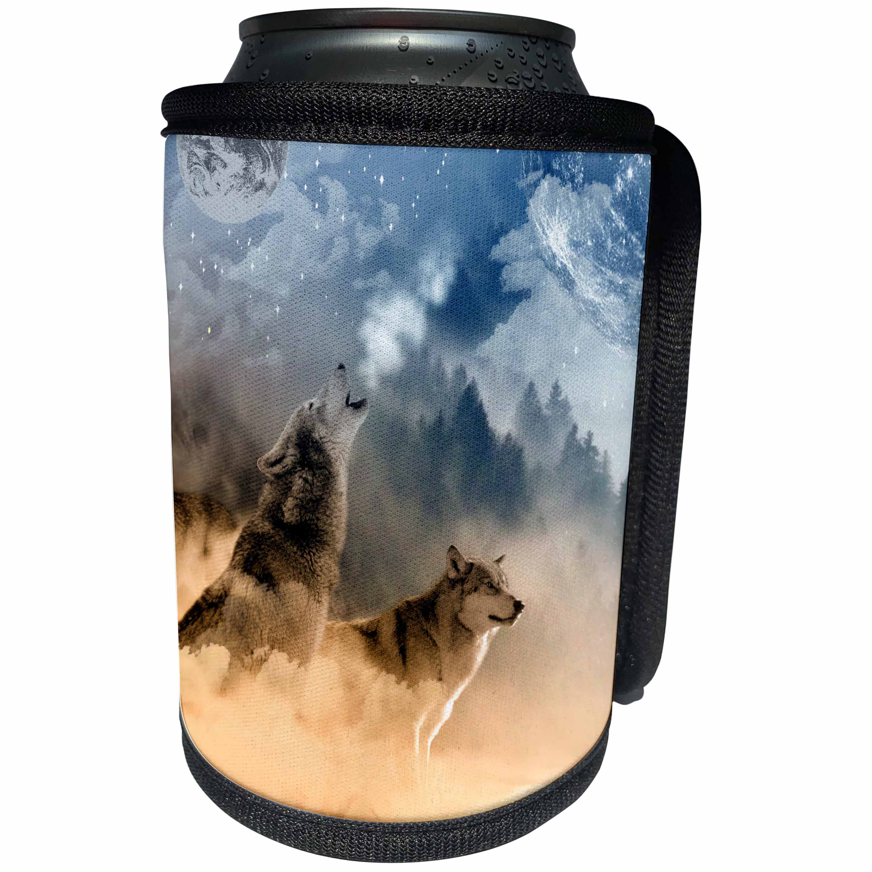 3dRose Wolves - Two Wolves Howling In The Night - Can Cooler Bottle Wrap (cc_268572)