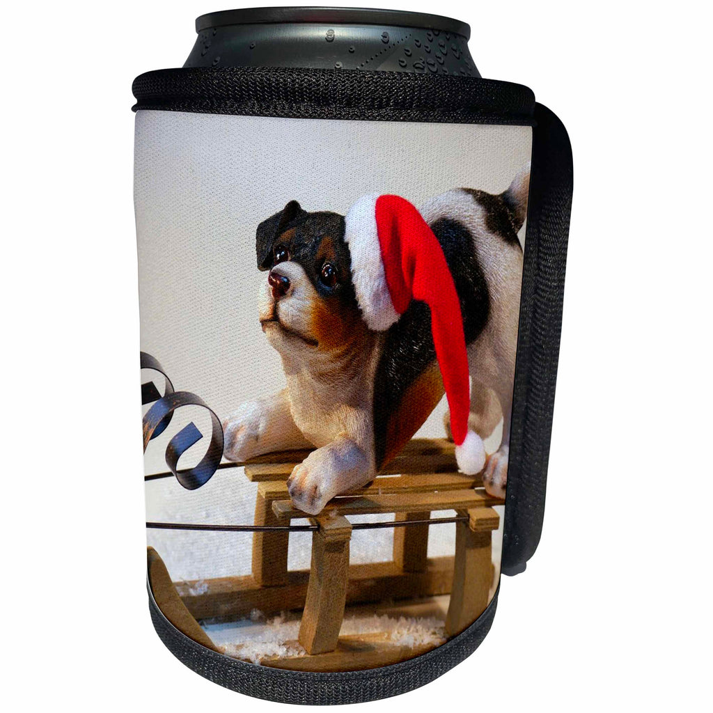 3dRose Dogs - Christmas Dog On Sled - Can Cooler Bottle Wrap (cc_268574)