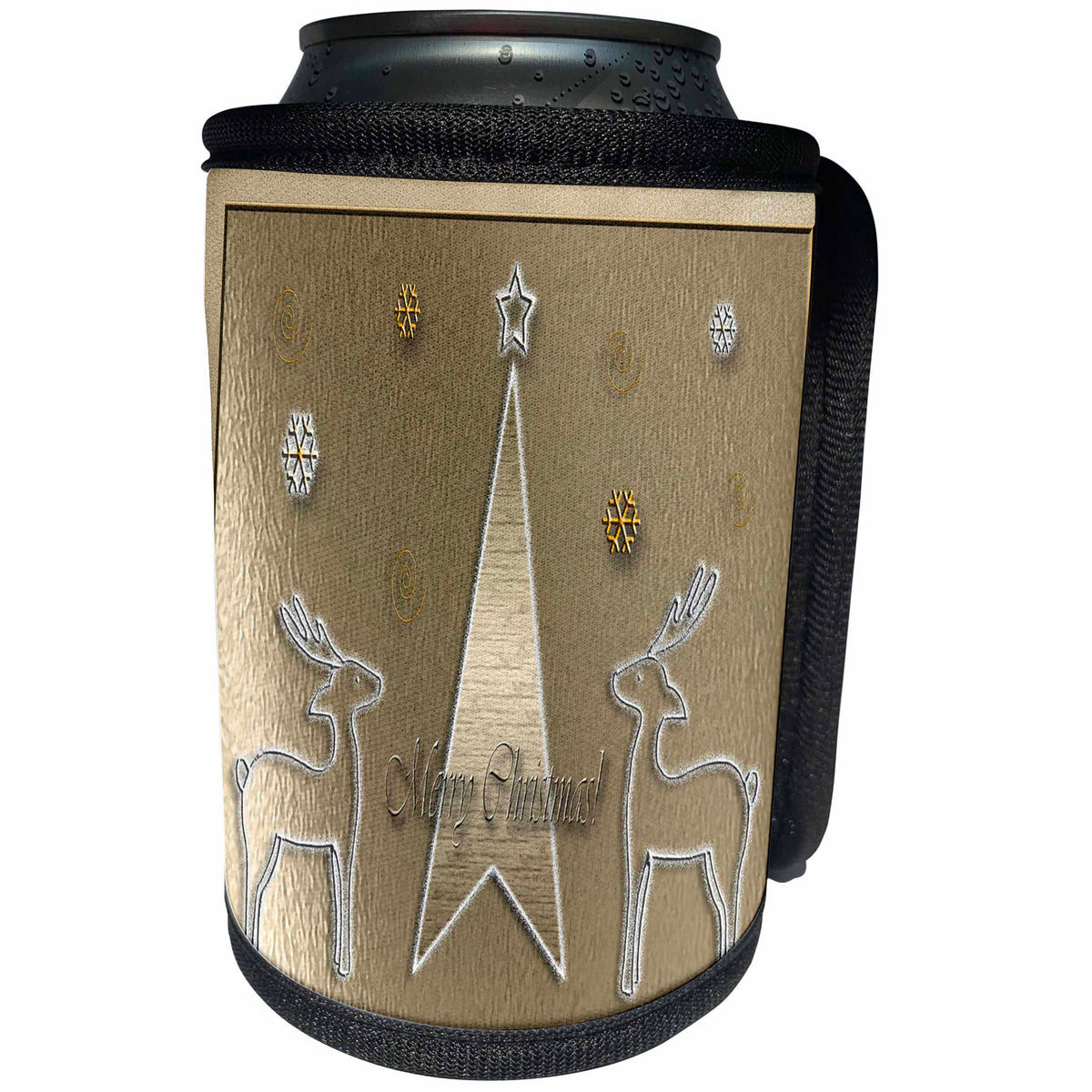 3dRose Beverly Turner Christmas Design - Reindeer on Gold Merry Christmas - Can Cooler Bottle Wrap (cc_26878)