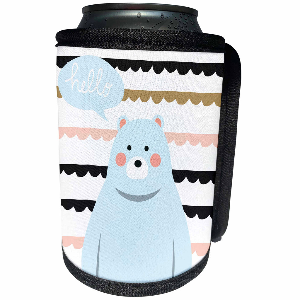 3dRose Uta Naumann Watercolor Illustration Animal - Cute Animal Bear Illustration and Stripes Pattern- HELLO - Can Cooler Bottle Wrap (cc_268819)