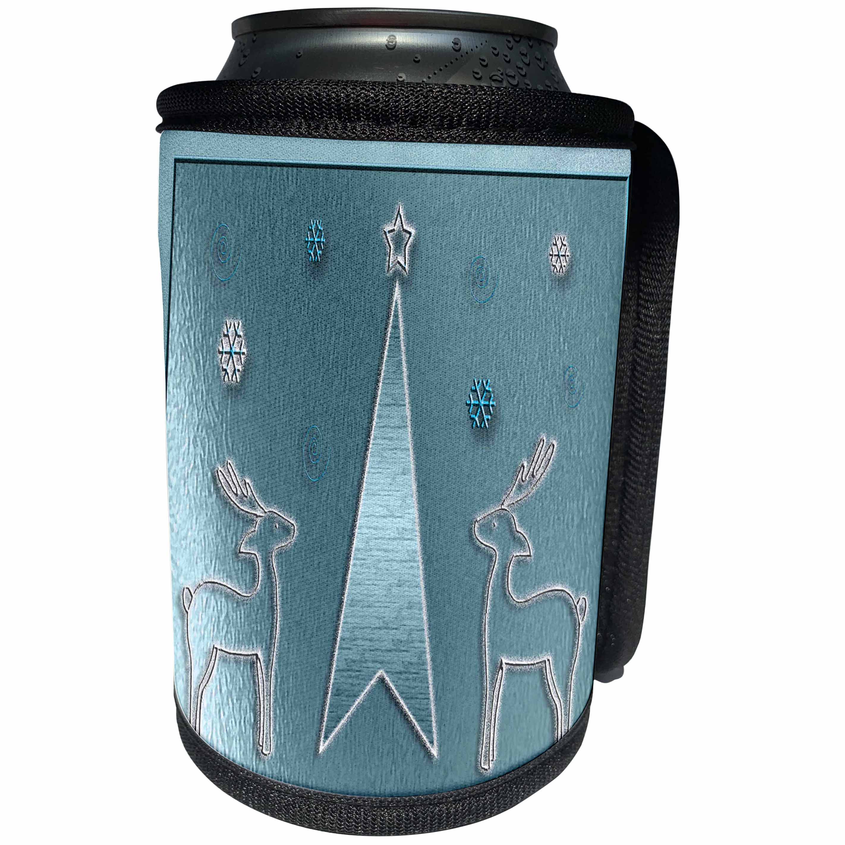 3dRose Beverly Turner Christmas Design - Reindeer on Blue - Can Cooler Bottle Wrap (cc_26882)