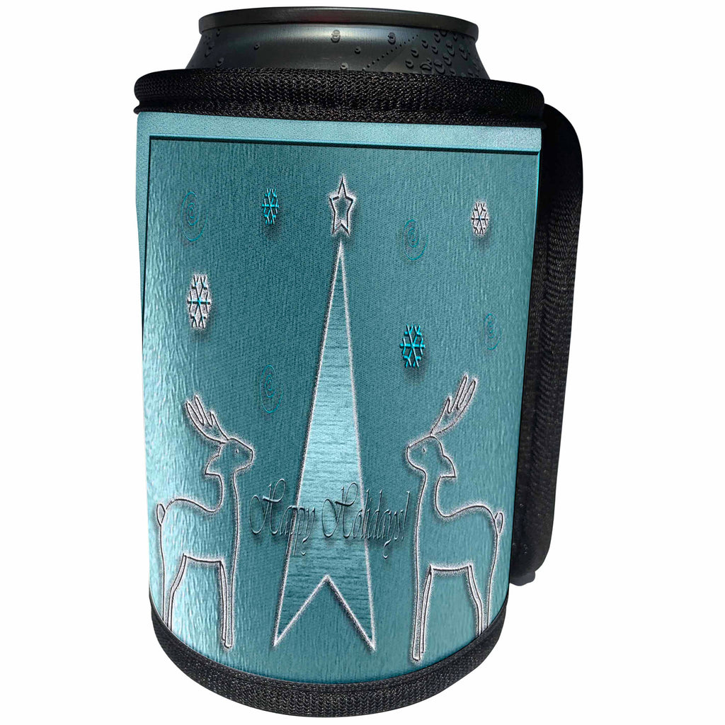 3dRose Beverly Turner Christmas Design - Reindeer on Blue Happy Holidays - Can Cooler Bottle Wrap (cc_26885)