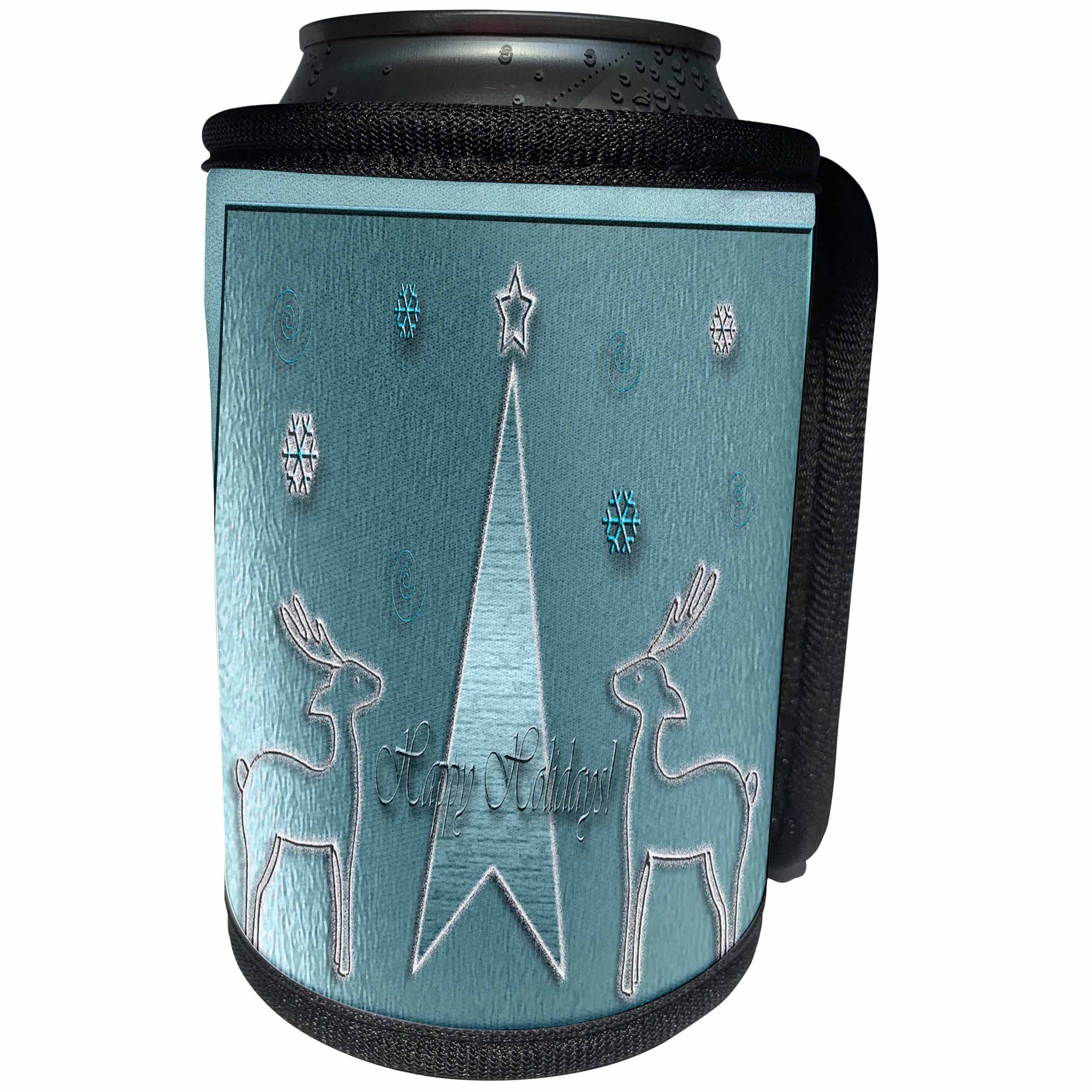 3dRose Beverly Turner Christmas Design - Reindeer on Blue Happy Holidays - Can Cooler Bottle Wrap (cc_26885)