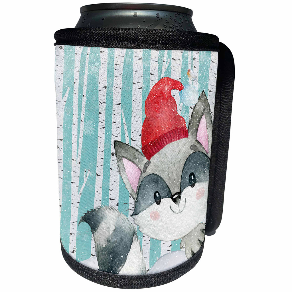 3dRose Uta Naumann Watercolor Illustration Animal - Woodland Friends-In Snowy Winter Forest-Watercolor-Raccoon - Can Cooler Bottle Wrap (cc_268884)
