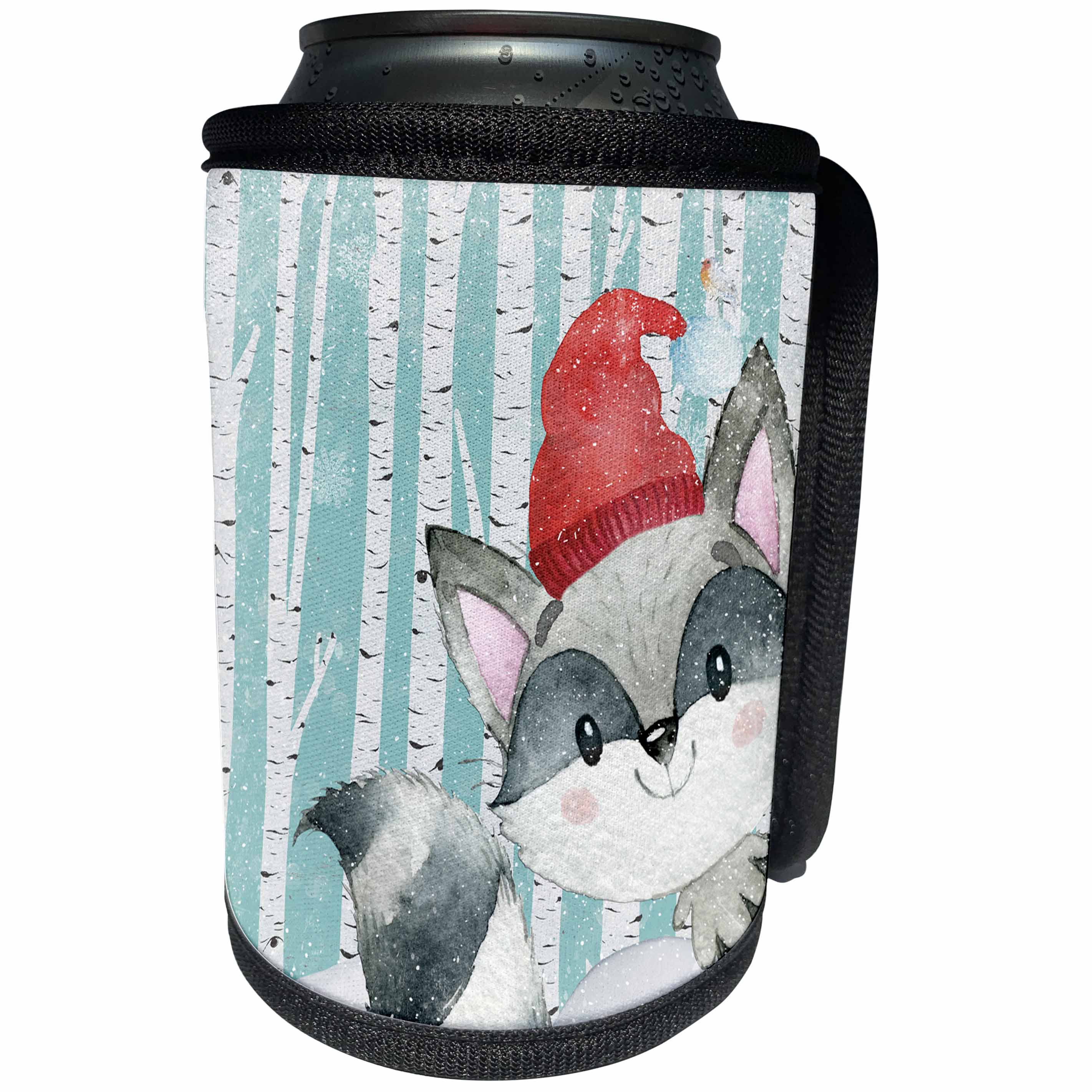 3dRose Uta Naumann Watercolor Illustration Animal - Woodland Friends-In Snowy Winter Forest-Watercolor-Raccoon - Can Cooler Bottle Wrap (cc_268884)