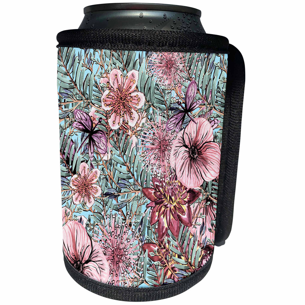 3dRose Uta Naumann Pattern - Aloha Abstract Teal Pink Flower Jungle Tropical Floral Hawaii Pattern - Can Cooler Bottle Wrap (cc_268904)