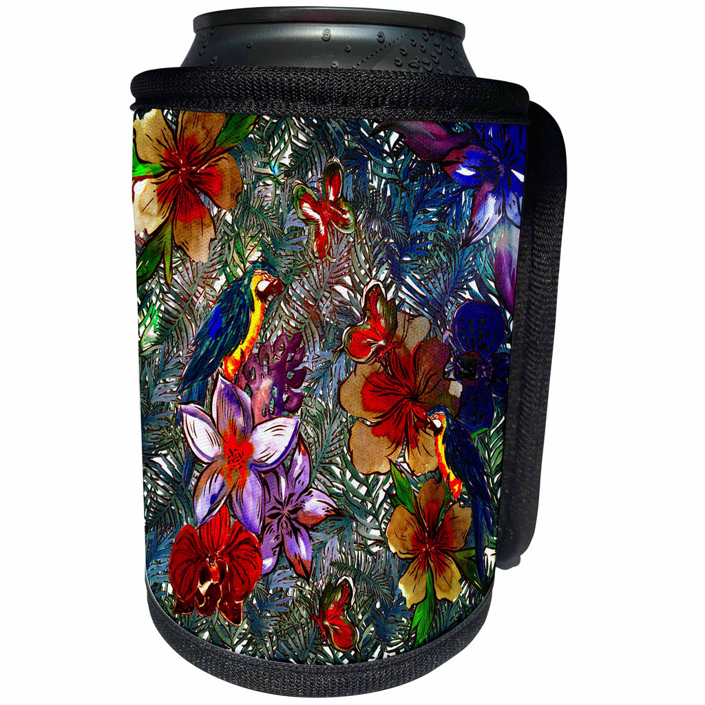 3dRose Uta Naumann Pattern - Aloha Bird Parrot Flower Jungle Tropical Floral Hawaii Pattern - Can Cooler Bottle Wrap (cc_268905)