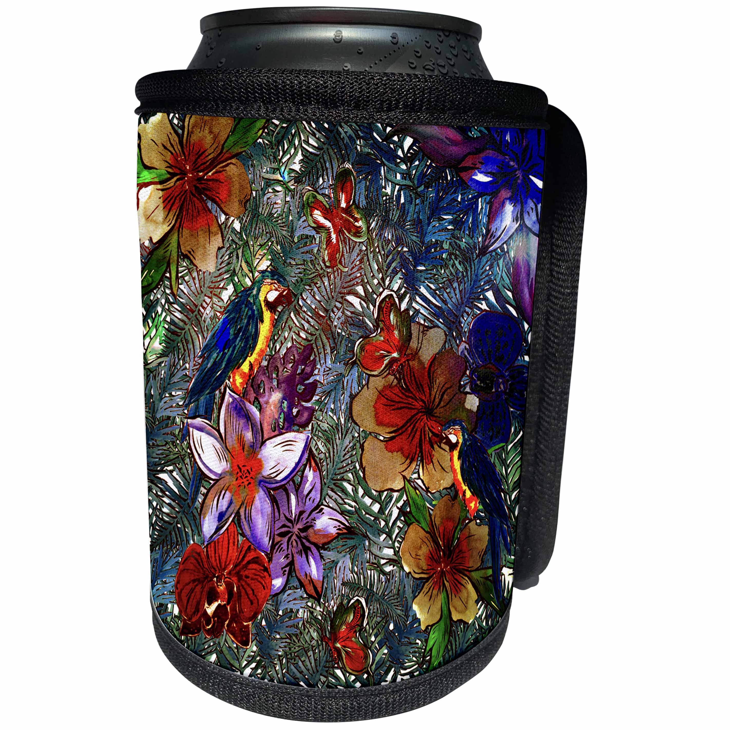 3dRose Uta Naumann Pattern - Aloha Bird Parrot Flower Jungle Tropical Floral Hawaii Pattern - Can Cooler Bottle Wrap (cc_268905)