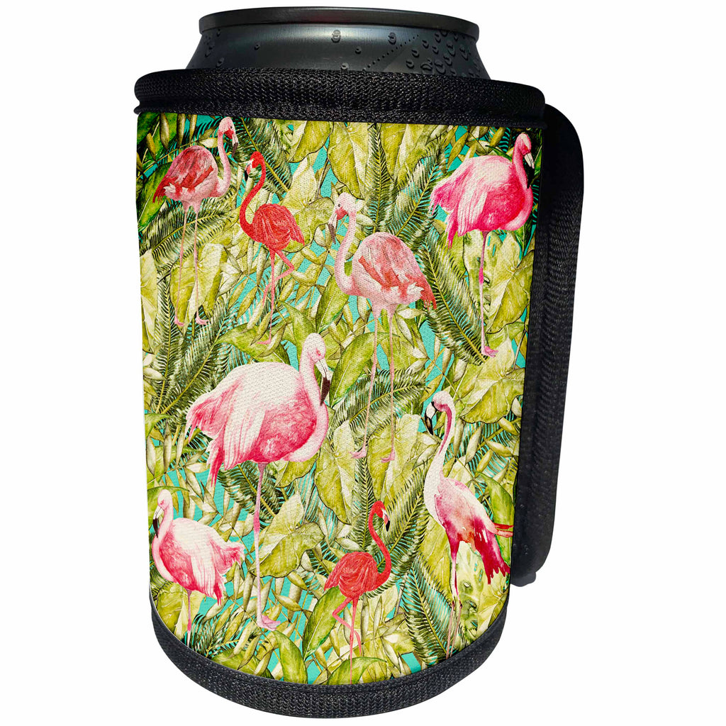 3dRose Uta Naumann Pattern - Aloha Pink Flamingo Bird Flower Jungle Tropical Floral Hawaii Pattern - Can Cooler Bottle Wrap (cc_268910)