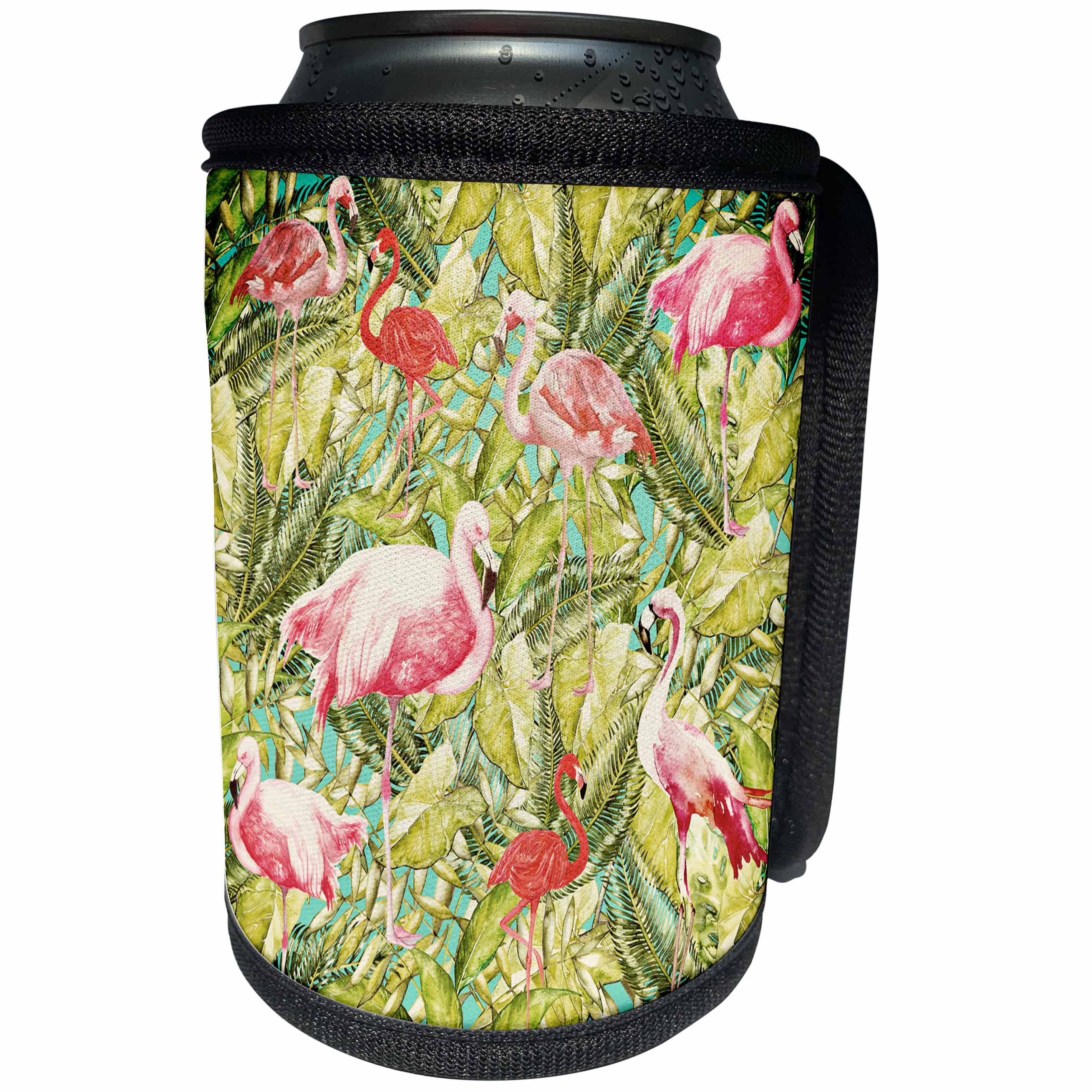 3dRose Uta Naumann Pattern - Aloha Pink Flamingo Bird Flower Jungle Tropical Floral Hawaii Pattern - Can Cooler Bottle Wrap (cc_268910)