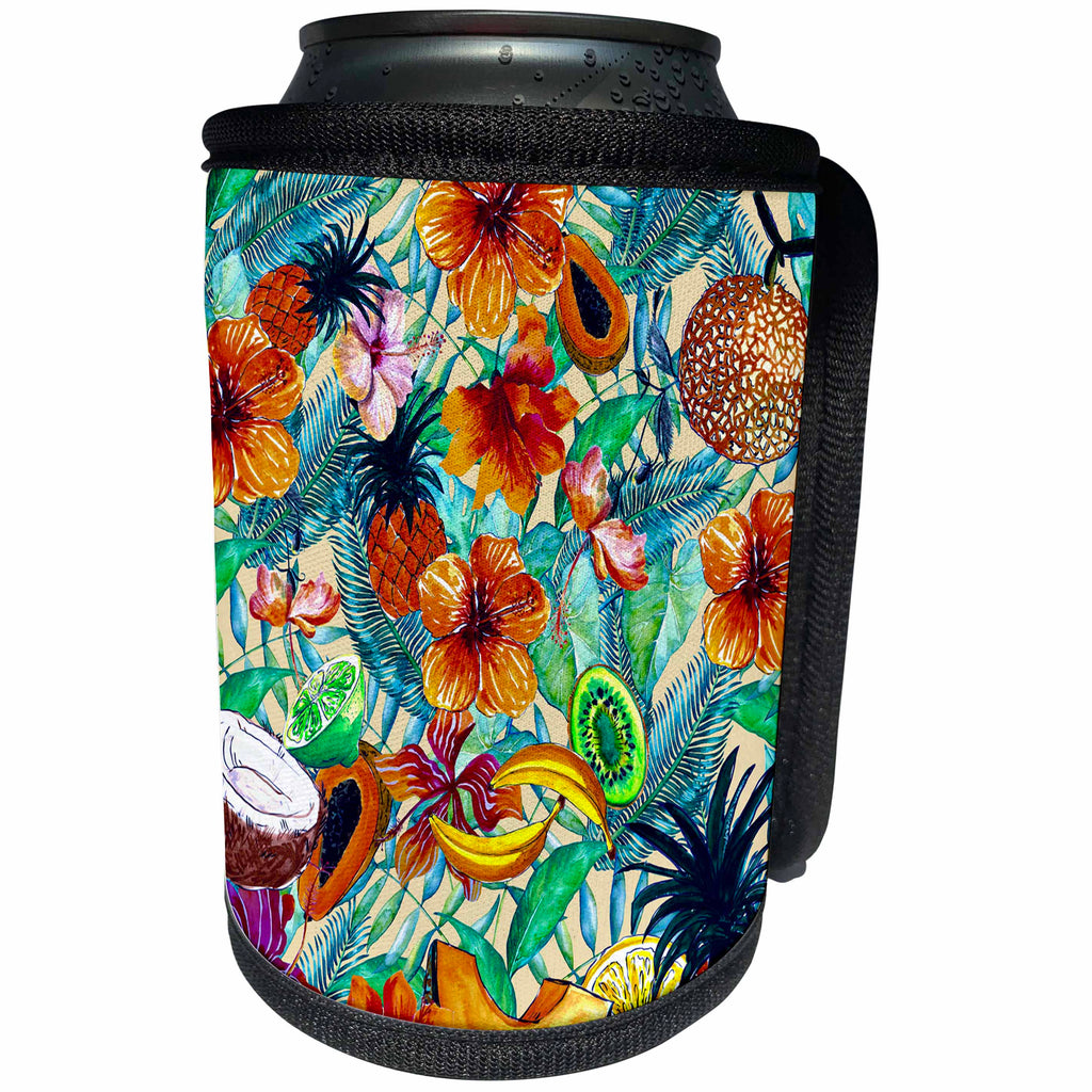 3dRose Uta Naumann Pattern - Aloha Fresh Fruit Hibiscus Flower Jungle Tropical Hawaii Pattern - Can Cooler Bottle Wrap (cc_268915)