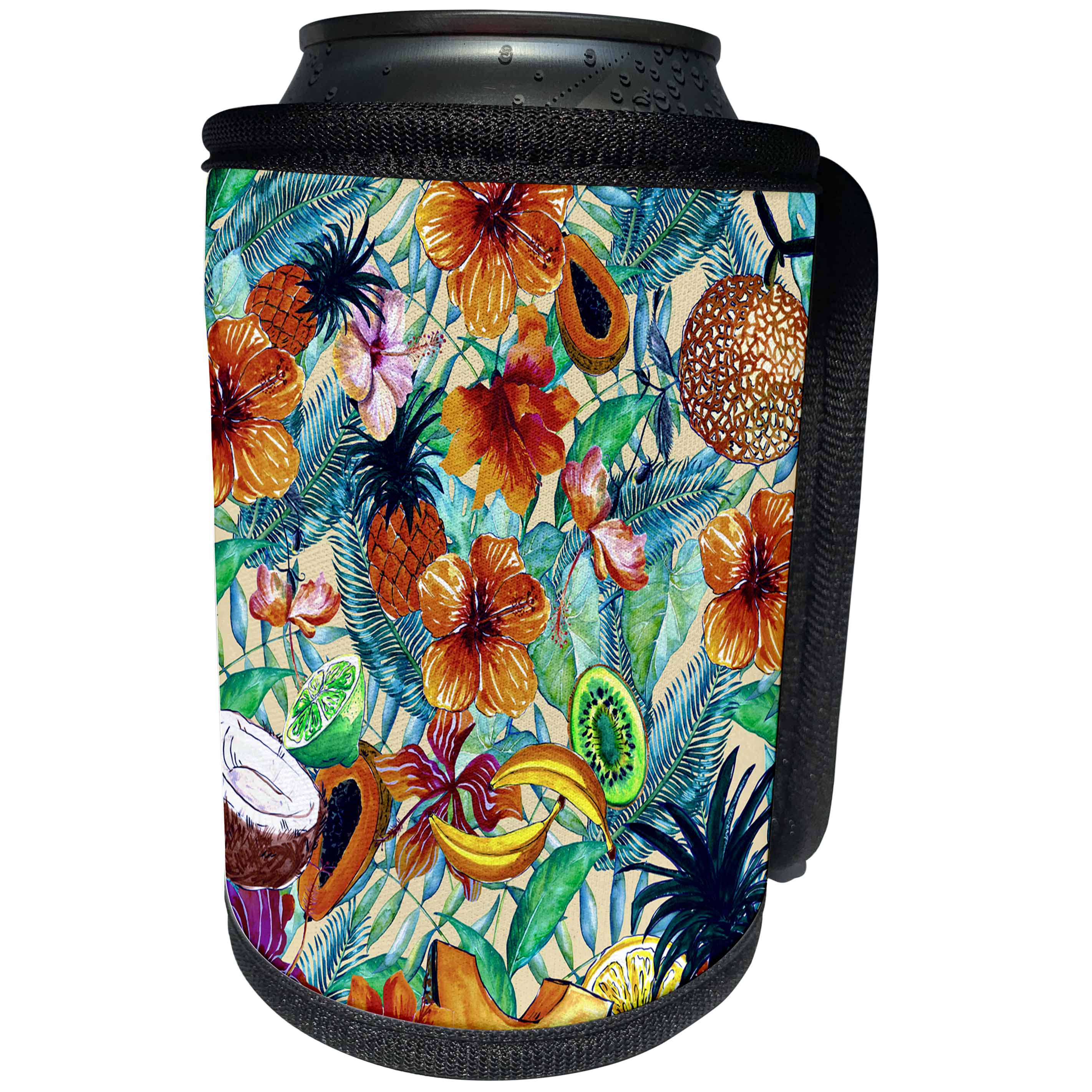 3dRose Uta Naumann Pattern - Aloha Fresh Fruit Hibiscus Flower Jungle Tropical Hawaii Pattern - Can Cooler Bottle Wrap (cc_268915)