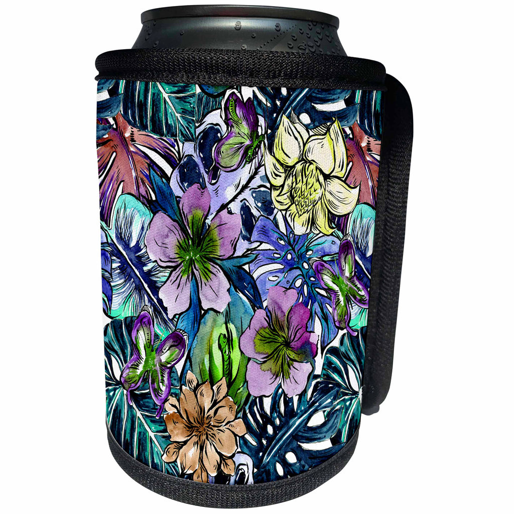 3dRose Uta Naumann Pattern - Aloha Cool Blue Hibiscus Flower Jungle Tropical Floral Hawaii Pattern - Can Cooler Bottle Wrap (cc_268917)