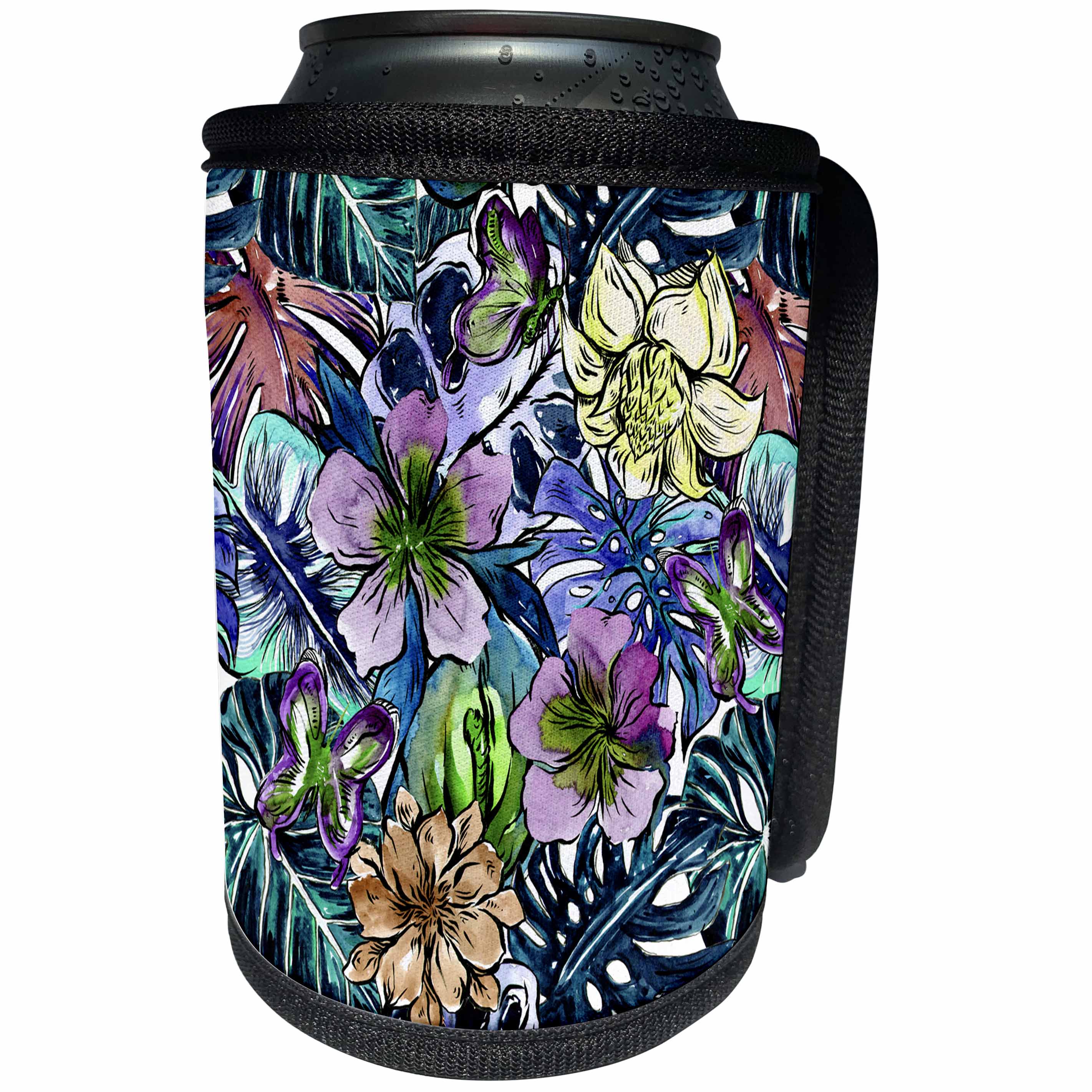 3dRose Uta Naumann Pattern - Aloha Cool Blue Hibiscus Flower Jungle Tropical Floral Hawaii Pattern - Can Cooler Bottle Wrap (cc_268917)