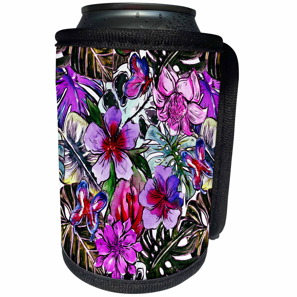 3dRose Uta Naumann Pattern - Aloha Purple Hibiscus Flower Jungle Tropical Floral Hawaii Pattern - Can Cooler Bottle Wrap (cc_268919)