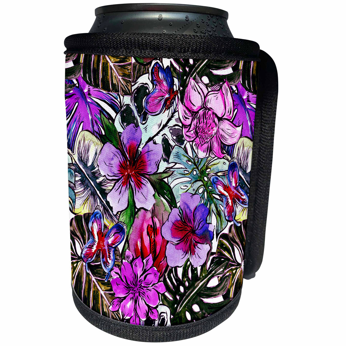 3dRose Uta Naumann Pattern - Aloha Purple Hibiscus Flower Jungle Tropical Floral Hawaii Pattern - Can Cooler Bottle Wrap (cc_268919)