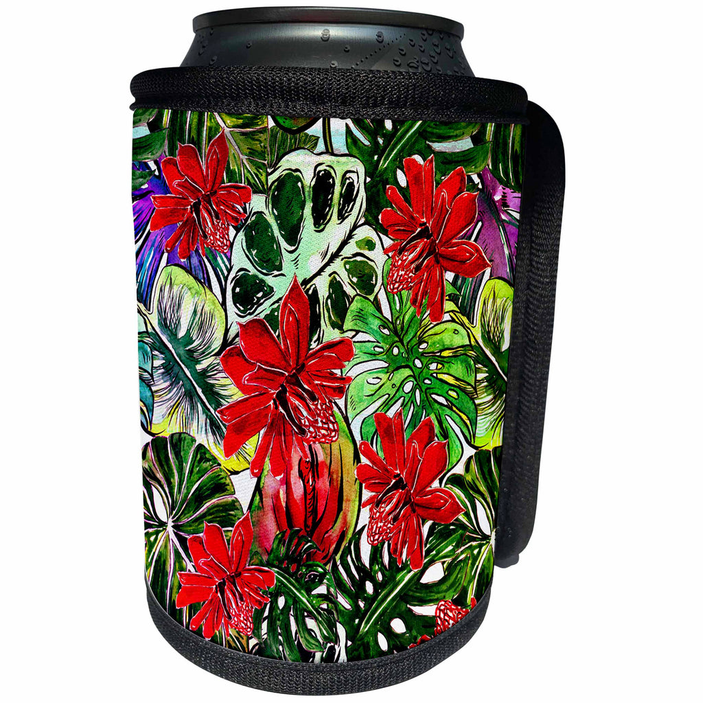 3dRose Uta Naumann Pattern - Aloha Red Passiflora Flower Jungle Tropical Floral Hawaii Pattern - Can Cooler Bottle Wrap (cc_268920)