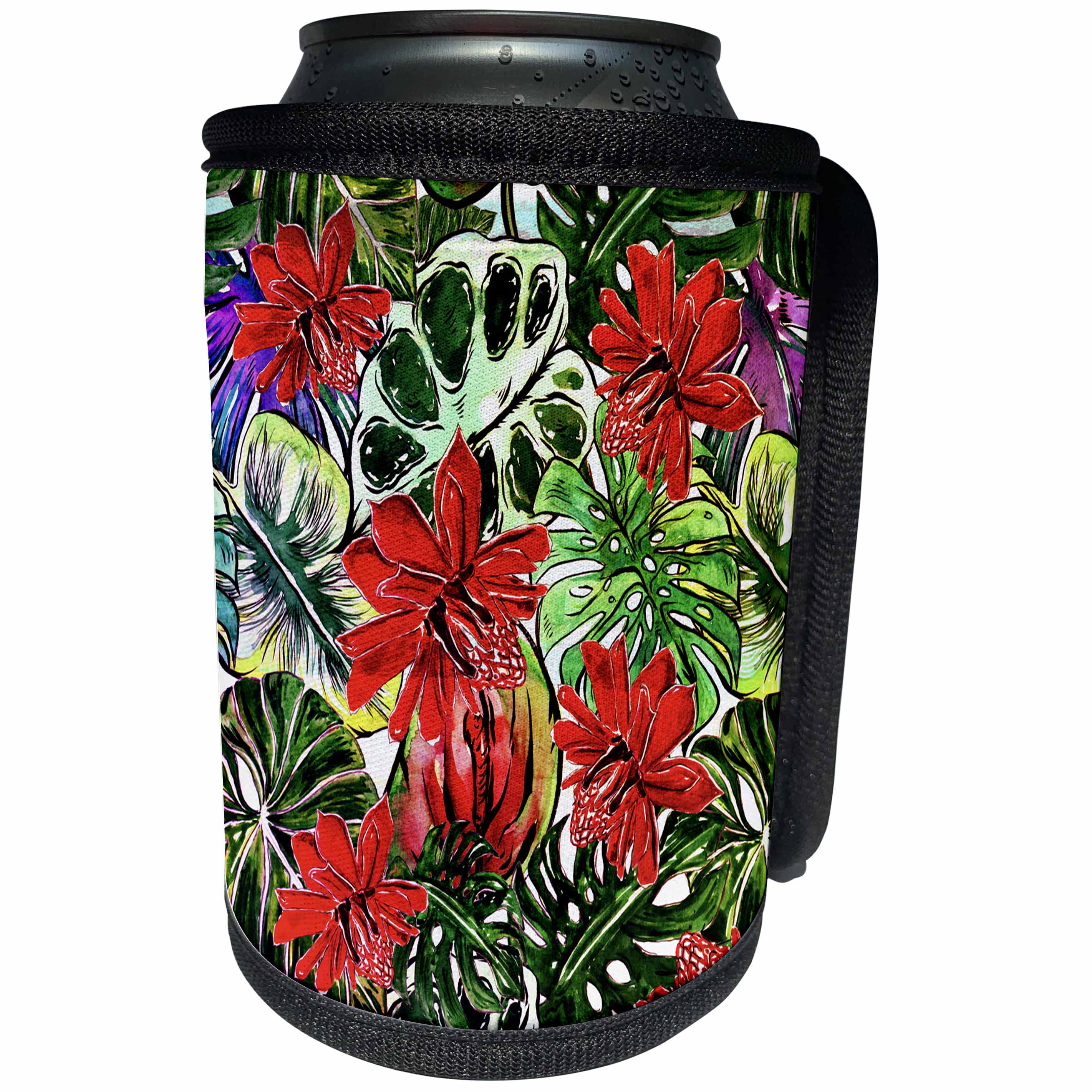 3dRose Uta Naumann Pattern - Aloha Red Passiflora Flower Jungle Tropical Floral Hawaii Pattern - Can Cooler Bottle Wrap (cc_268920)