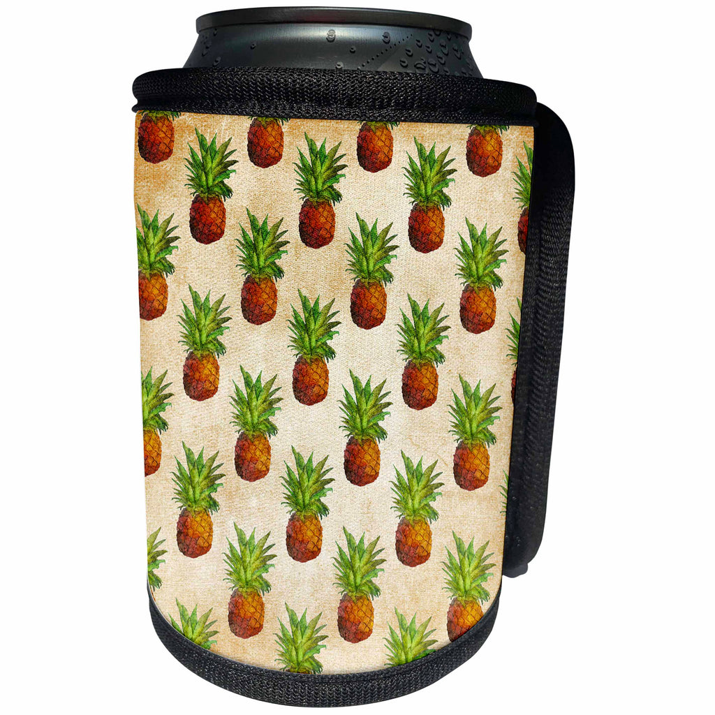 3dRose Uta Naumann Pattern - Aloha Vintage Pineapple Fruit Jungle Tropical Floral Hawaii Pattern - Can Cooler Bottle Wrap (cc_268921)