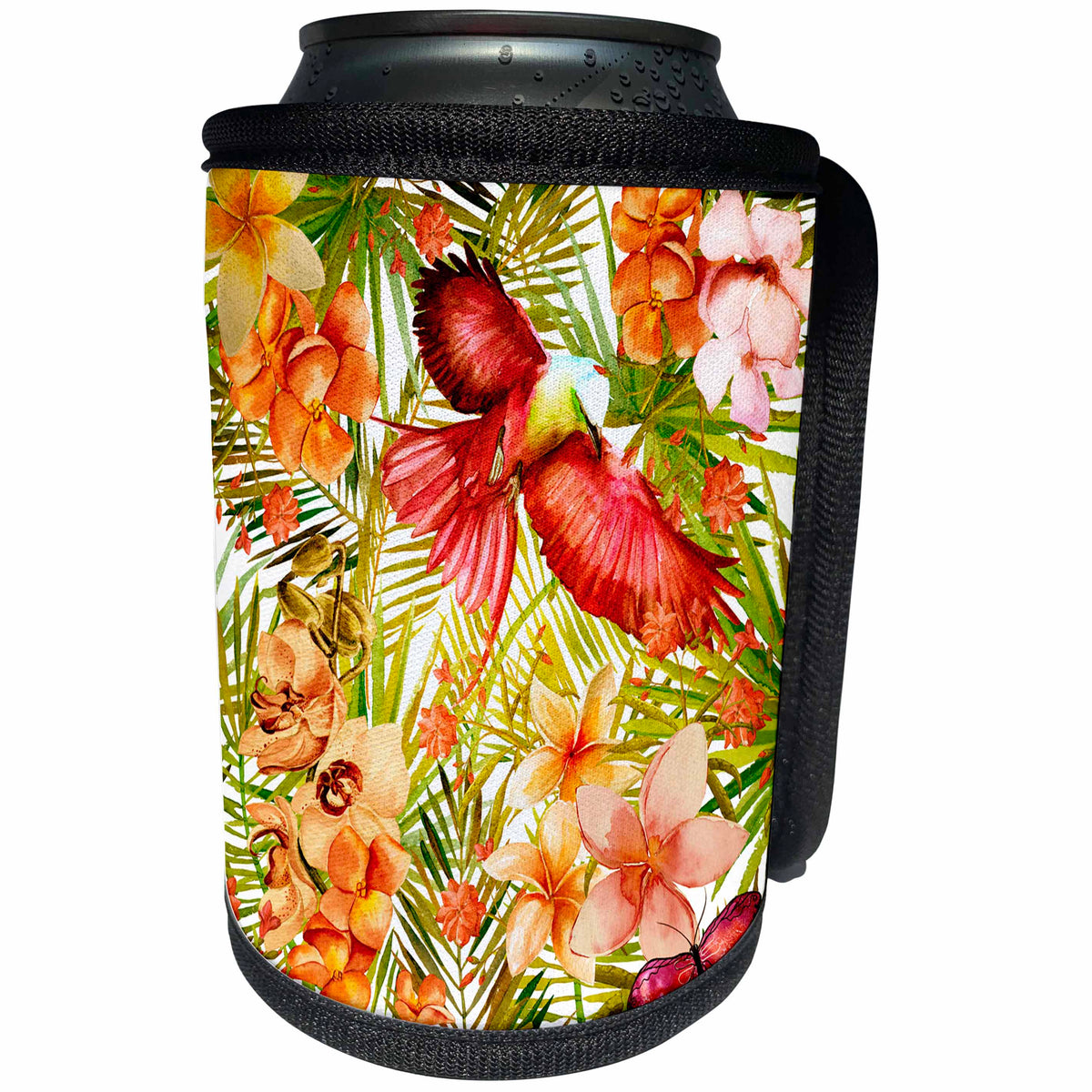 3dRose Uta Naumann Pattern - Aloha Orchid Bird Parrot Flower Jungle Tropical Floral Hawaii Pattern - Can Cooler Bottle Wrap (cc_268922)