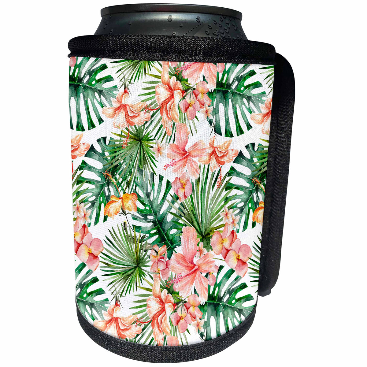 3dRose Uta Naumann Pattern - Aloha Monstera Hibiscus Flower Jungle Tropical Floral Hawaii Pattern - Can Cooler Bottle Wrap (cc_268923)