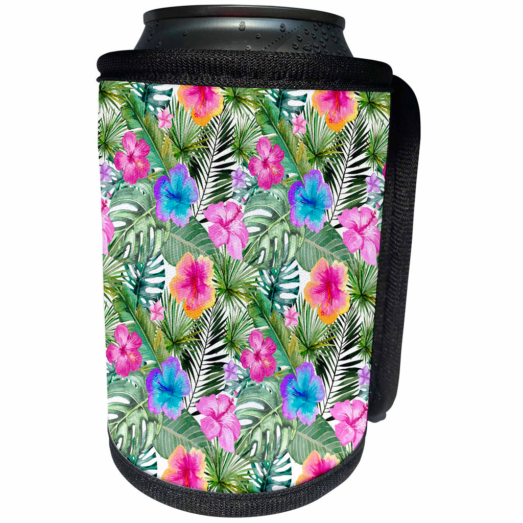 3dRose Uta Naumann Pattern - Aloha Foliage Leaves Hibiscus Flower Jungle Tropical Hawaii Pattern - Can Cooler Bottle Wrap (cc_268926)