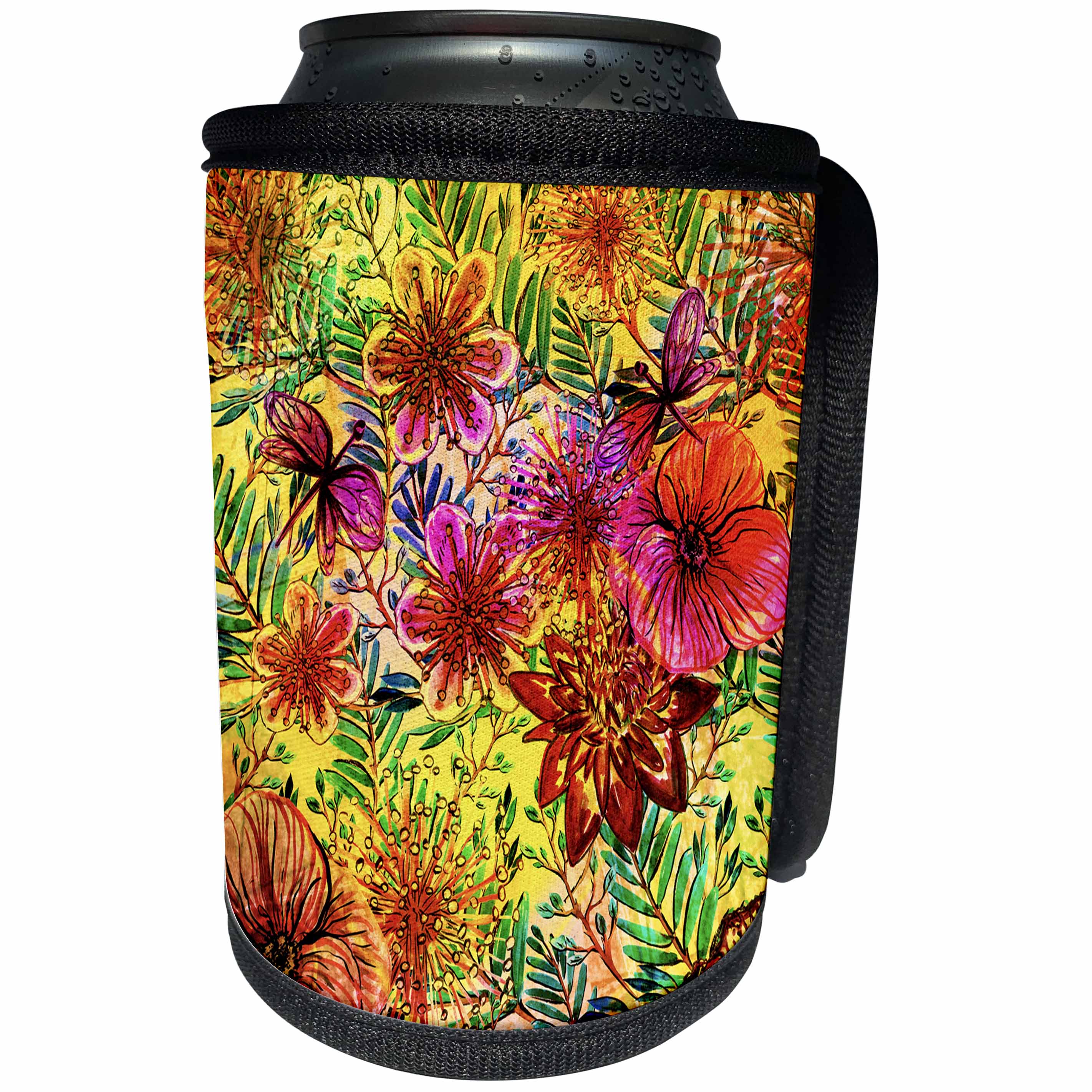 3dRose Uta Naumann Pattern - Aloha Abstract Hot Yellow Flower Jungle Tropical Floral Hawaii Pattern - Can Cooler Bottle Wrap (cc_268930)