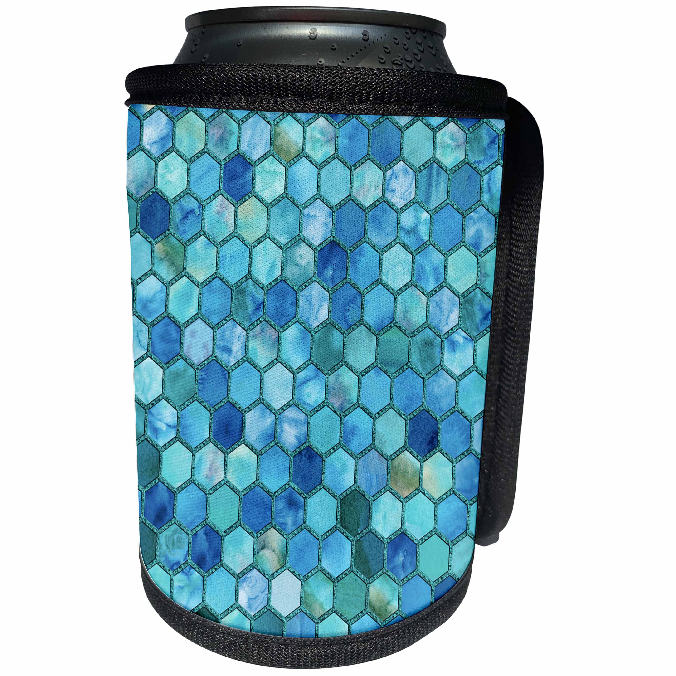 3dRose Uta Naumann Faux Glitter Pattern - Trendy Teal Feminine Faux Glitter Honeycomb Hexagon Pattern - Can Cooler Bottle Wrap (cc_268946)