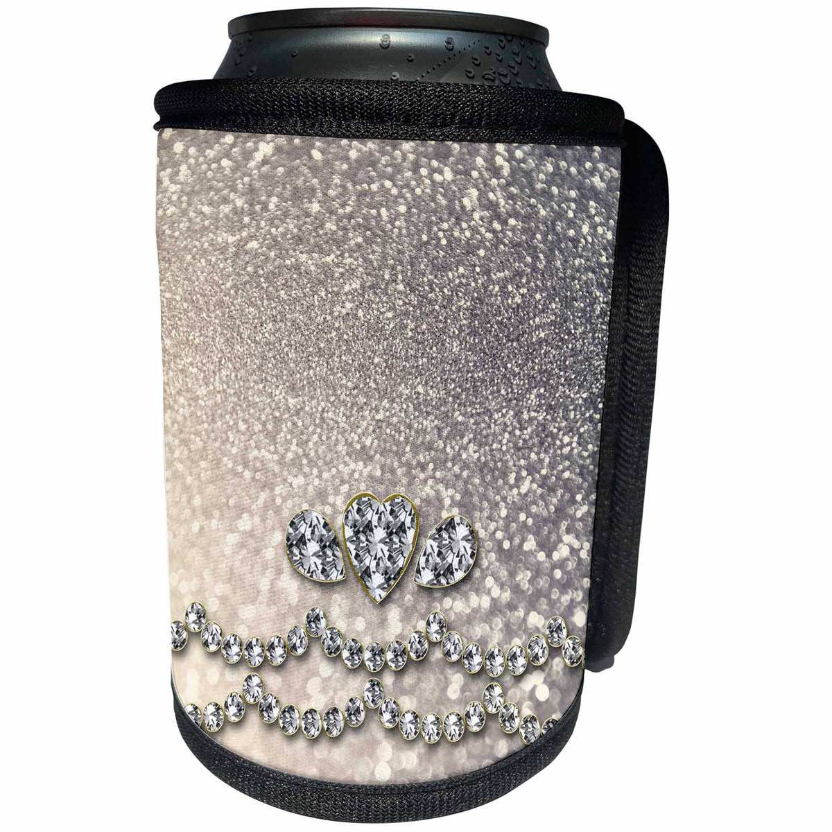 3dRose Uta Naumann Faux Glitter Pattern - Image of Sparkling Luxury Diamond and Heart Silver Faux Glitter Effect Print - Can Cooler Bottle Wrap (cc_268947)