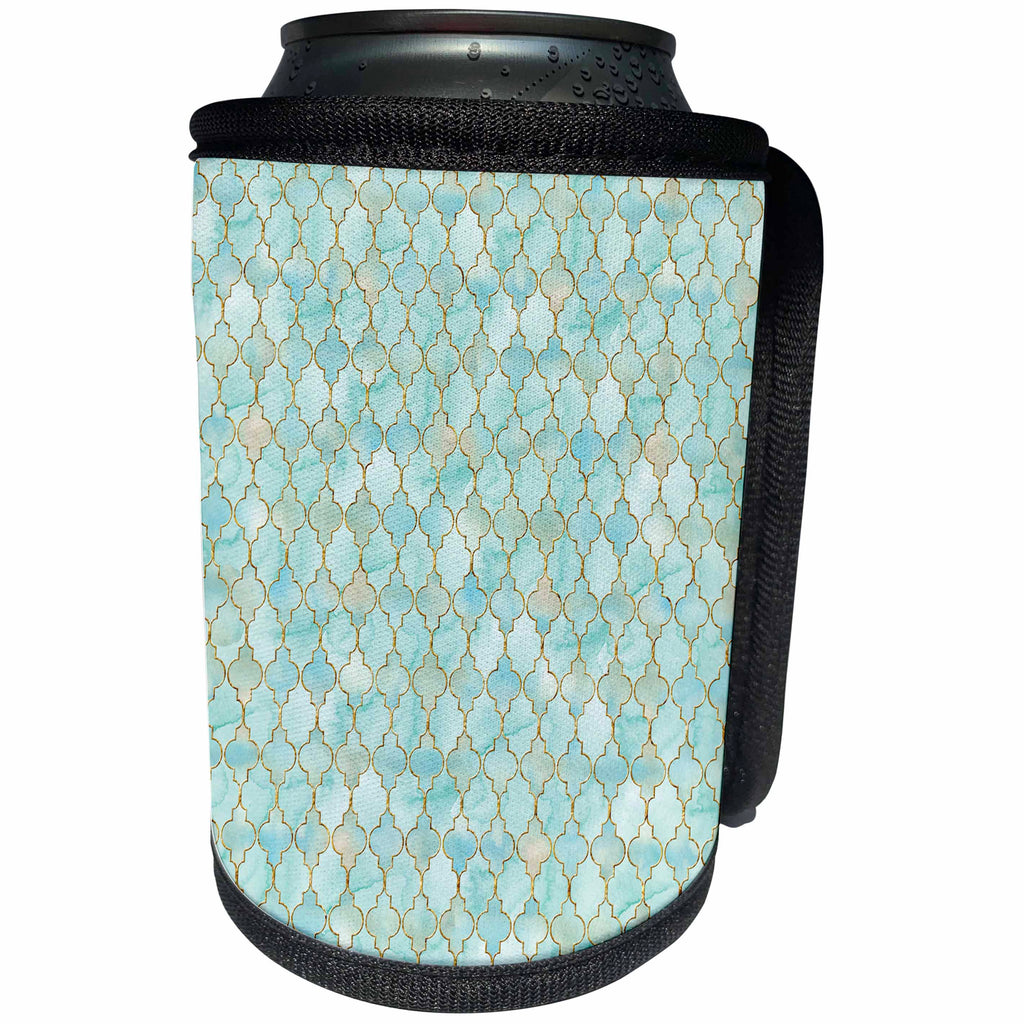 3dRose Uta Naumann Faux Glitter Pattern - Luxury Trendy Gold And Teal Moroccan Arabic Quatrefoil Tile Pattern - Can Cooler Bottle Wrap (cc_268950)