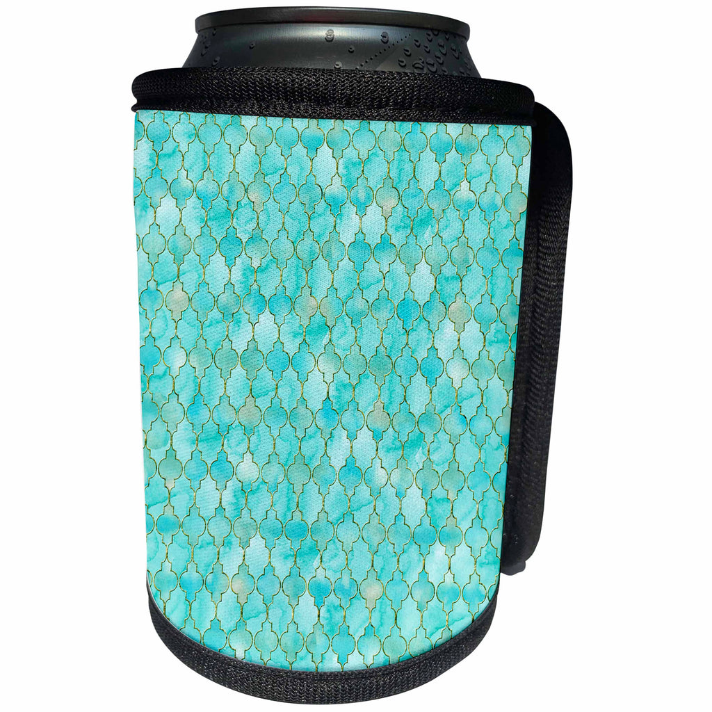 3dRose Uta Naumann Faux Glitter Pattern - Luxury Trendy Gold Dark Teal Moroccan Arabic Quatrefoil Tile Pattern - Can Cooler Bottle Wrap (cc_268951)