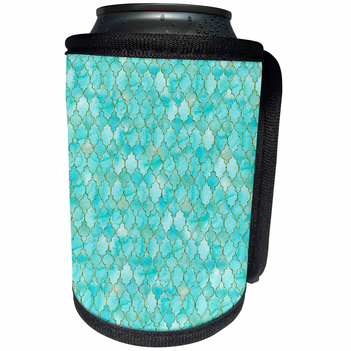 3dRose Uta Naumann Faux Glitter Pattern - Luxury Trendy Gold Dark Teal Moroccan Arabic Quatrefoil Tile Pattern - Can Cooler Bottle Wrap (cc_268951)