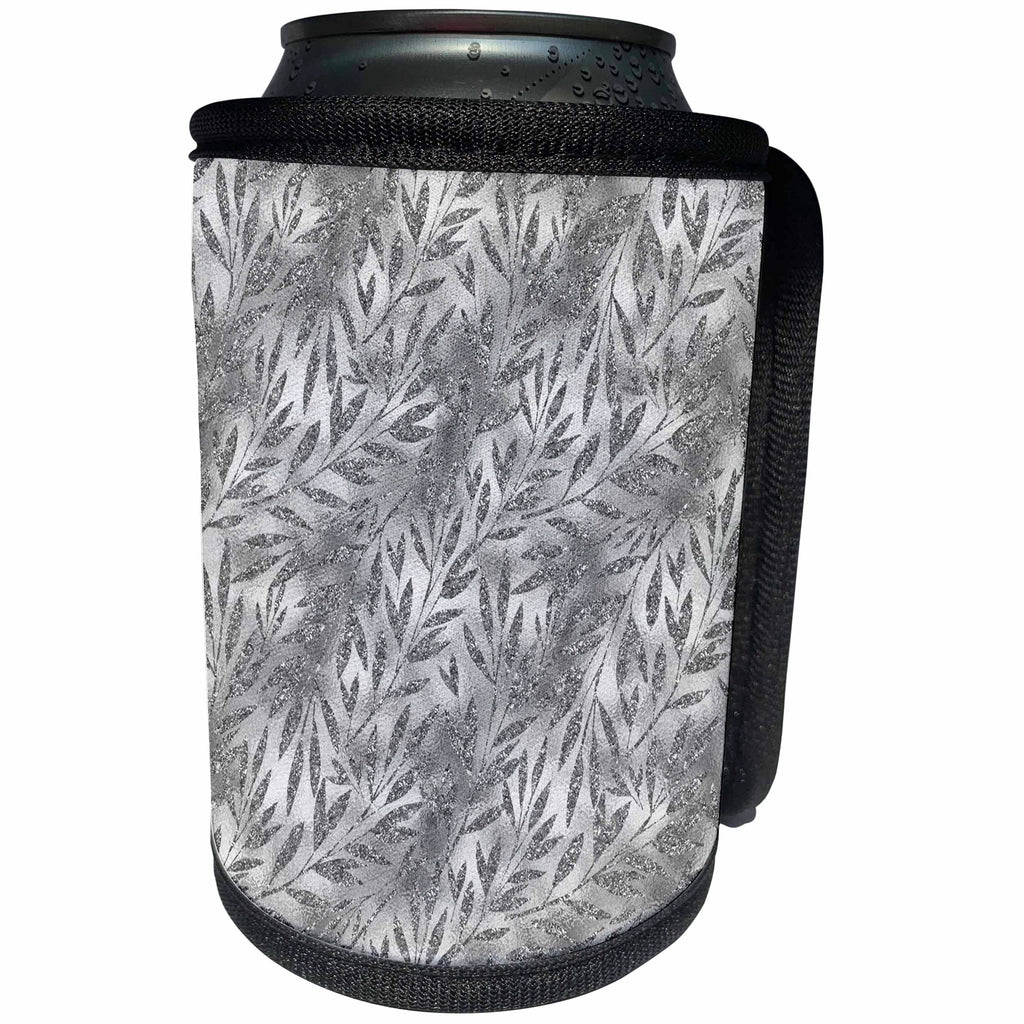 3dRose Uta Naumann Faux Glitter Pattern - Luxury Chic and Trendy Shiny Silver Metal Foliage and Flower Pattern - Can Cooler Bottle Wrap (cc_269035)