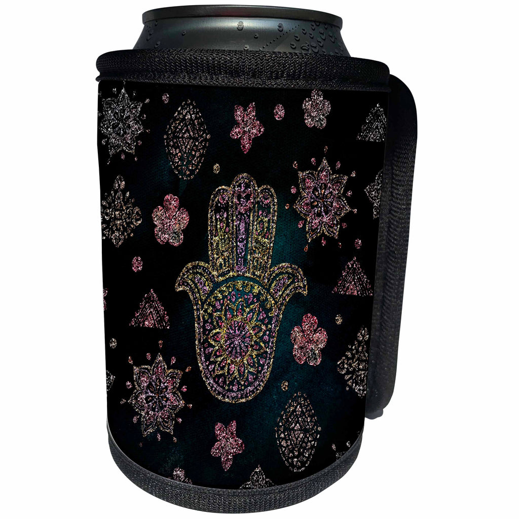 3dRose Uta Naumann Faux Glitter Pattern - Trendy Shiny Pink Indian Hand of Fatima-on Black Sparkle Glitter - Can Cooler Bottle Wrap (cc_269038)