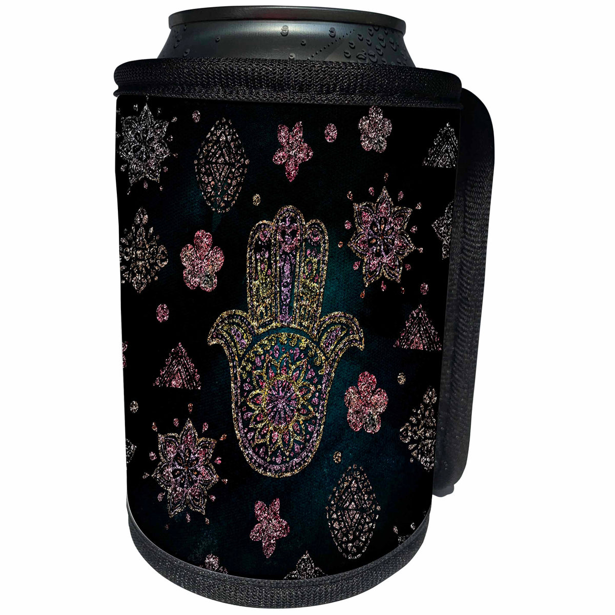 3dRose Uta Naumann Faux Glitter Pattern - Trendy Shiny Pink Indian Hand of Fatima-on Black Sparkle Glitter - Can Cooler Bottle Wrap (cc_269038)