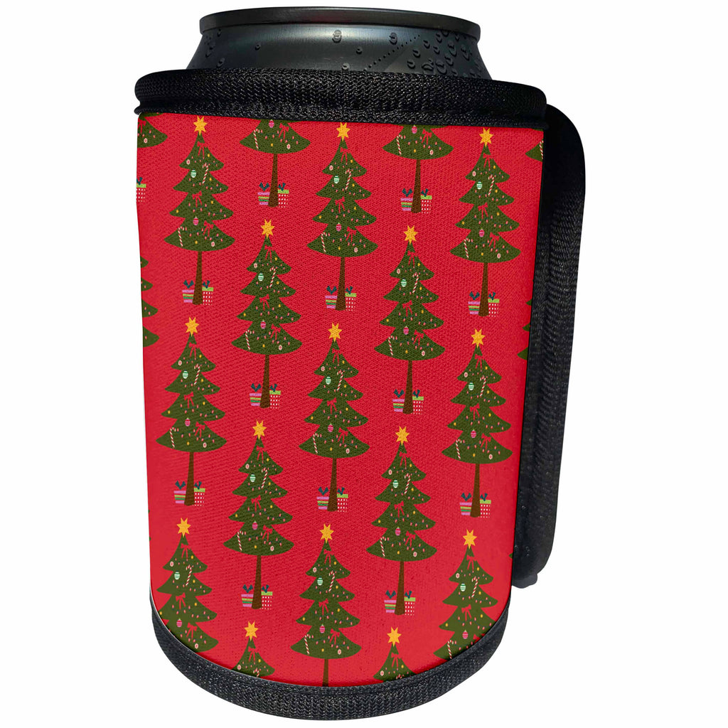 3dRose Uta Naumann Watercolor Illustration Animal - Christmas Tree Pattern on Red- Cute for Kids - Can Cooler Bottle Wrap (cc_269061)